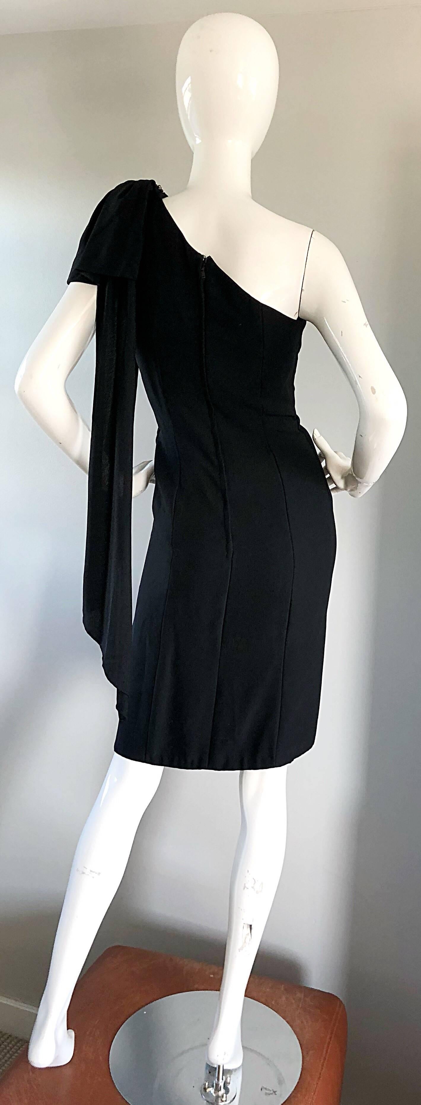 1950s Anita Modes Black Demi Couture One Shoulder Rhinestone 50s Wiggle Dress In Excellent Condition For Sale In San Diego, CA