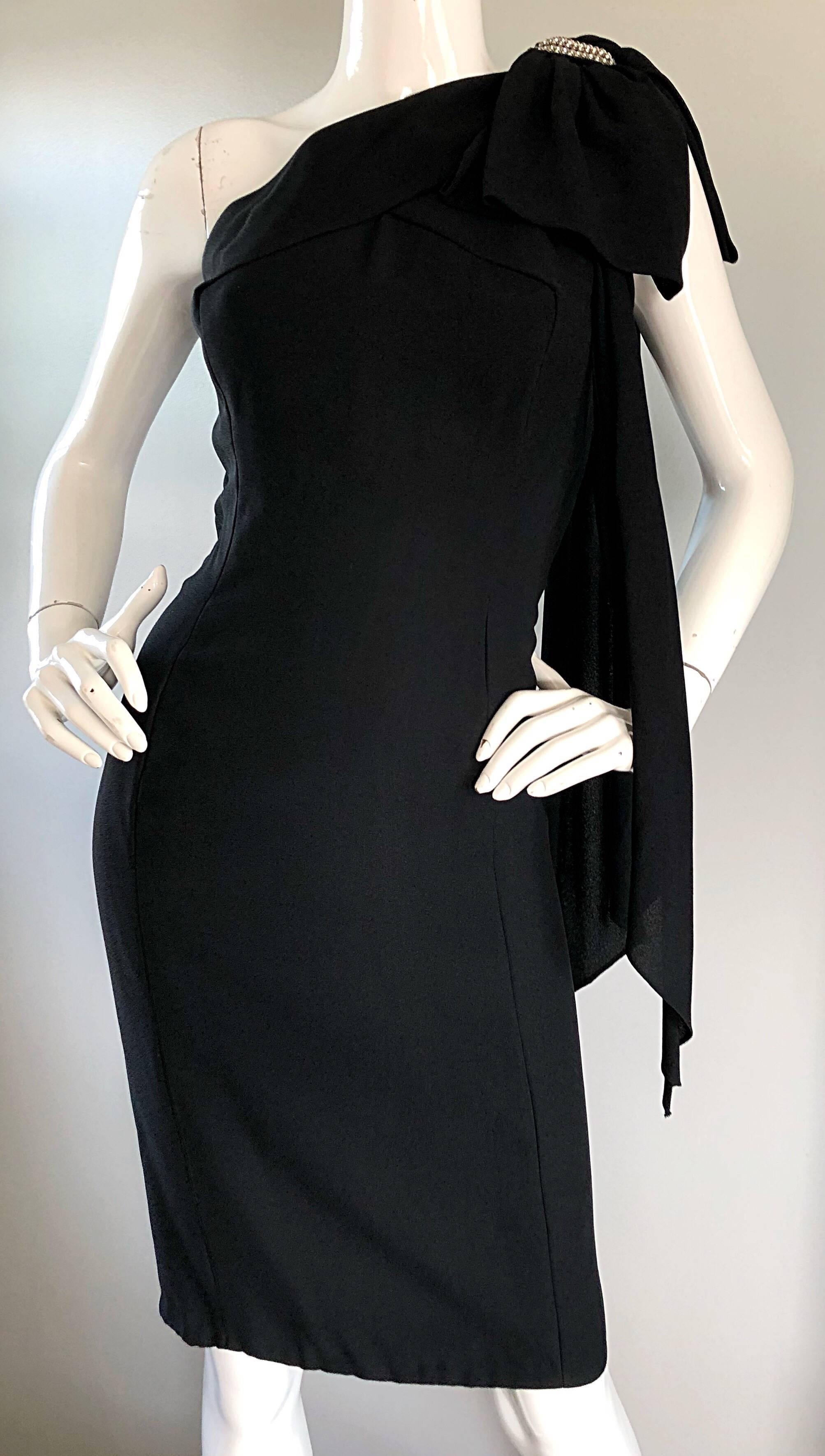 Women's 1950s Anita Modes Black Demi Couture One Shoulder Rhinestone 50s Wiggle Dress For Sale