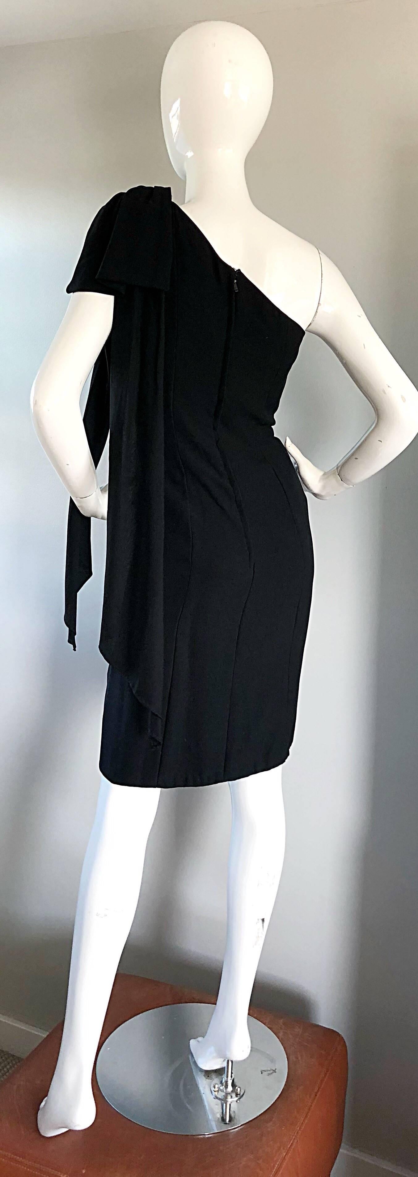1950s Anita Modes Black Demi Couture One Shoulder Rhinestone 50s Wiggle Dress For Sale 1