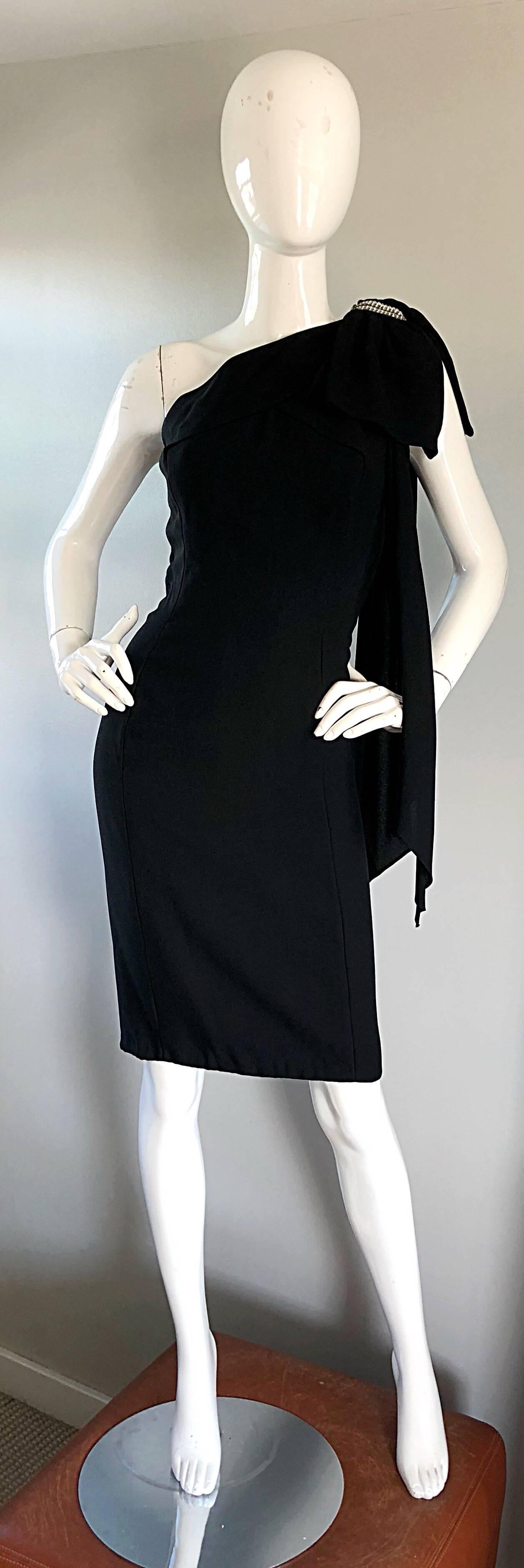 1950s Anita Modes Black Demi Couture One Shoulder Rhinestone 50s Wiggle Dress For Sale 2