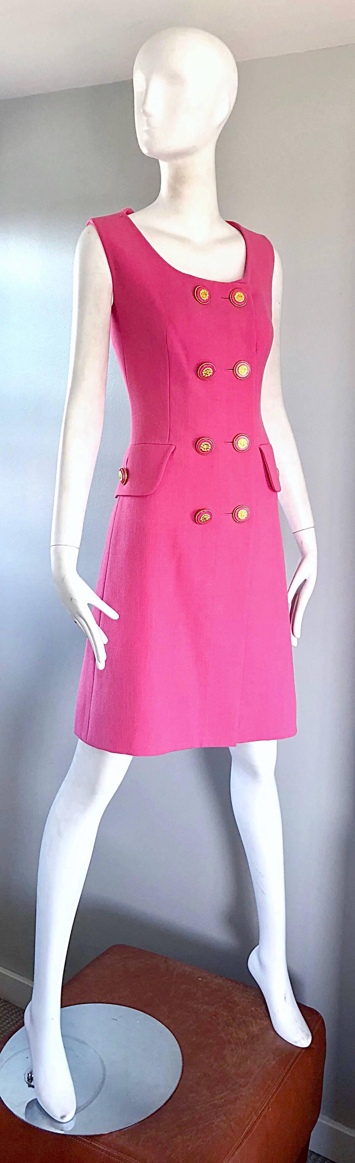 Jacques Fath Vintage Bubblegum Pink 1990s Does 1960s Couture Wool Shift Dress In Excellent Condition In San Diego, CA