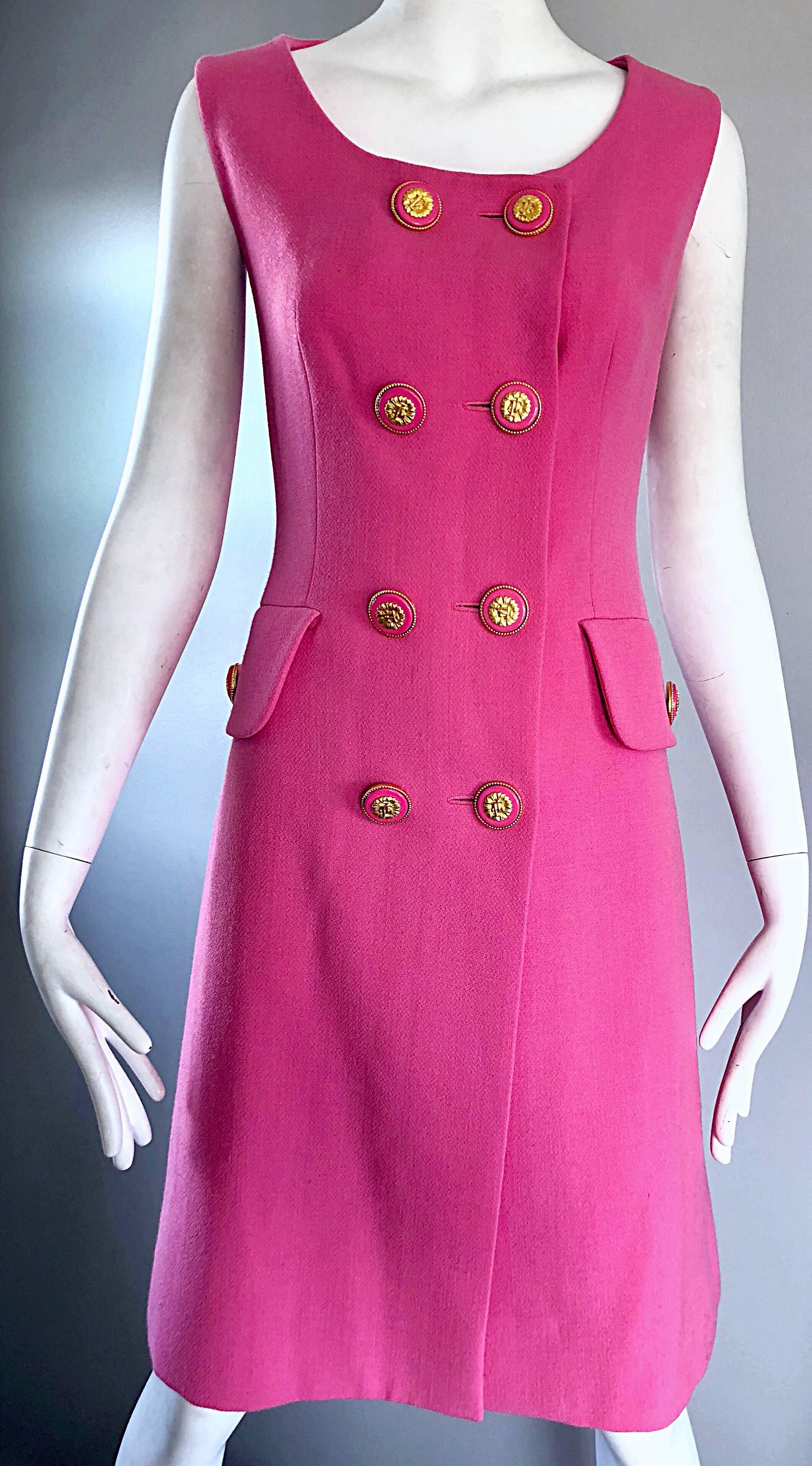 Jacques Fath Vintage Bubblegum Pink 1990s Does 1960s Couture Wool Shift Dress 1