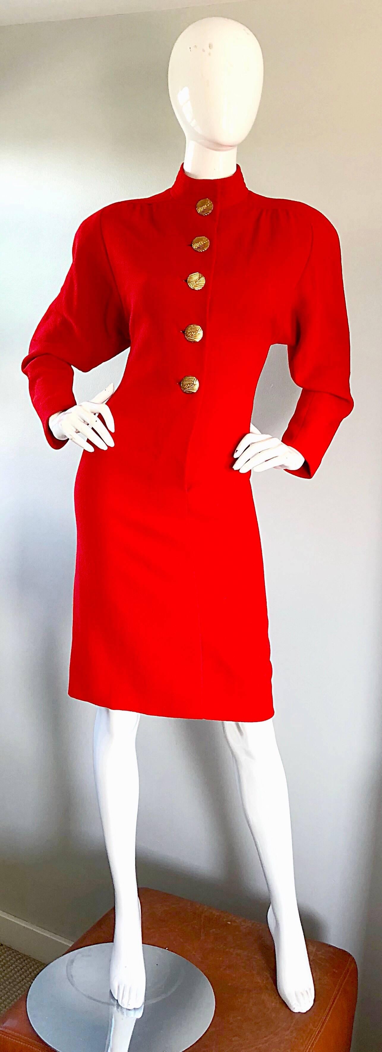 Beautiful vintage 80s JAMES GALANOS for I MAGNIN lipstick red virgin wool long sleeve dress! In true Galanos fashion, this beauty is extremely well made, with an immense amount of attention to detail. Fully lined in red silk chiffon, this soft