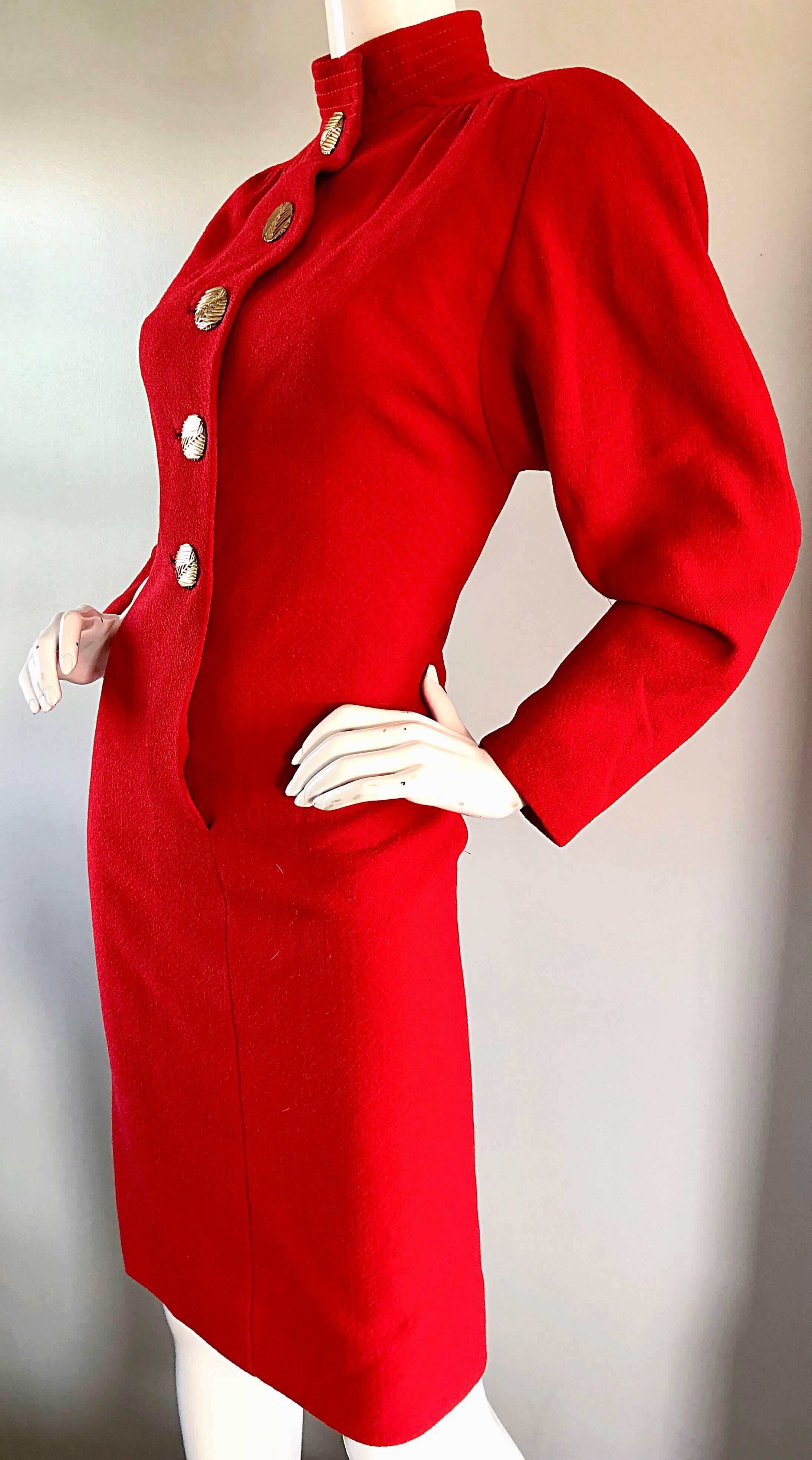Beautiful Vintage Galanos Lipstick Red Avant Garde 1980s Wool Size 6 / 8 Dress  In Excellent Condition For Sale In San Diego, CA