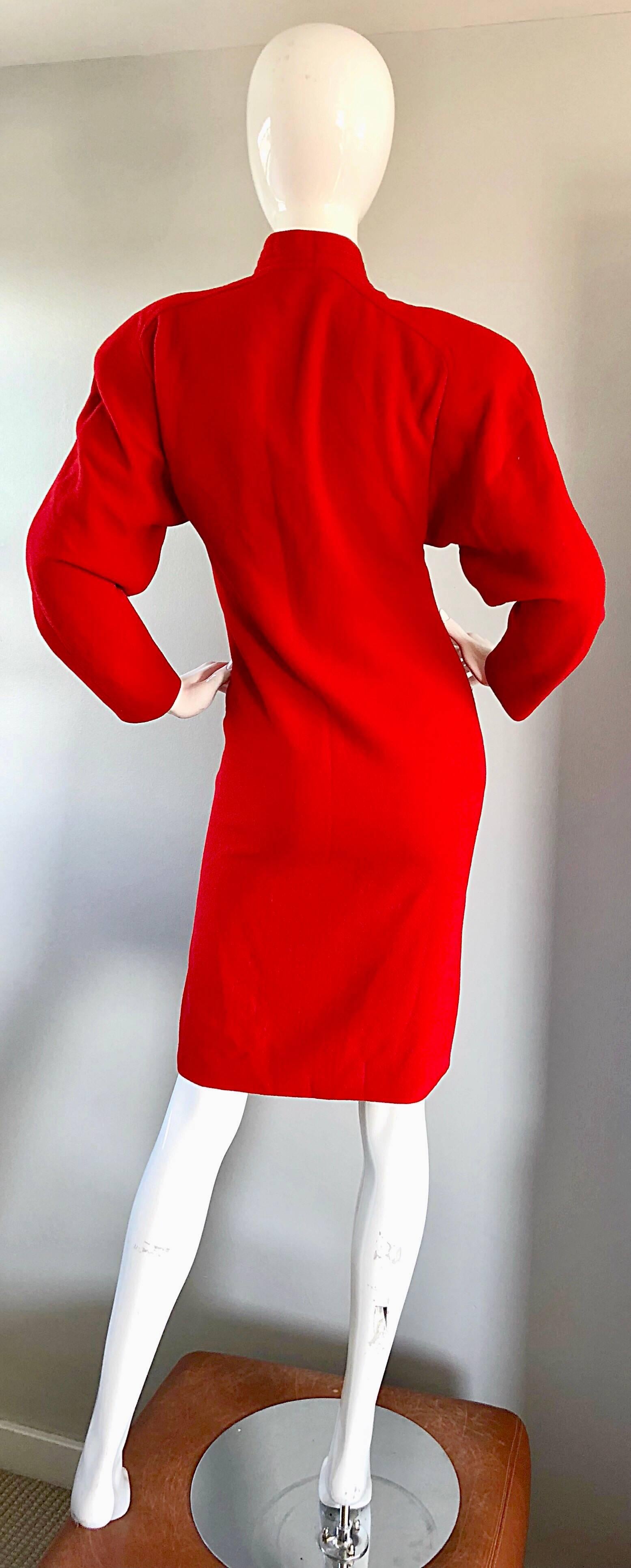 Beautiful Vintage Galanos Lipstick Red Avant Garde 1980s Wool Size 6 / 8 Dress  For Sale 1