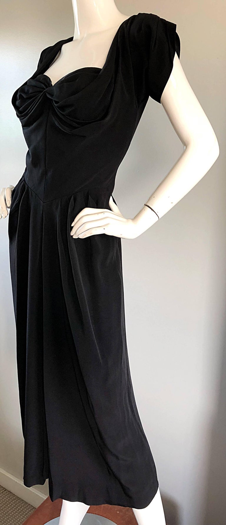 Women's 1950s Dorothy O'Hara Black Crepe Cap Sleeve Sweetheart Neck Vintage 50s Dress For Sale