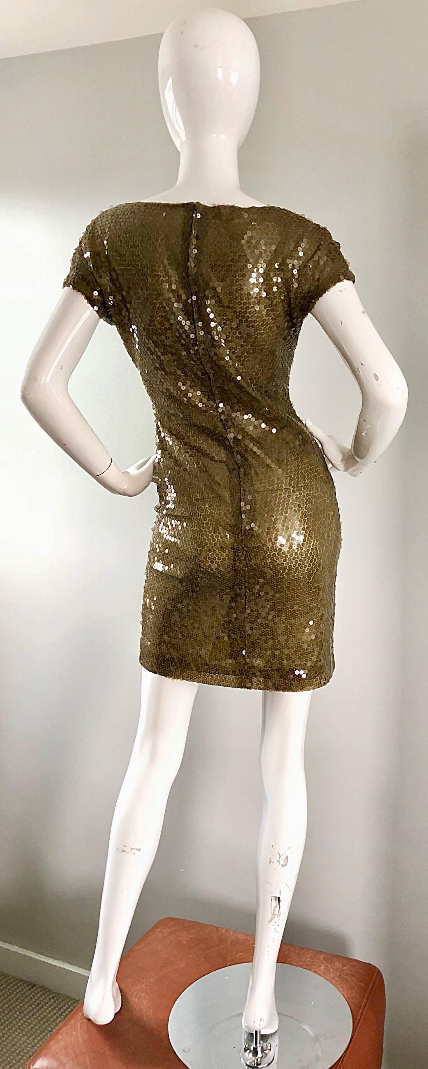 Brown Sexy 1990s Vintage Krizia Hunter Forest Green 90s Sequin Semi Sheer Mini Dress For Sale