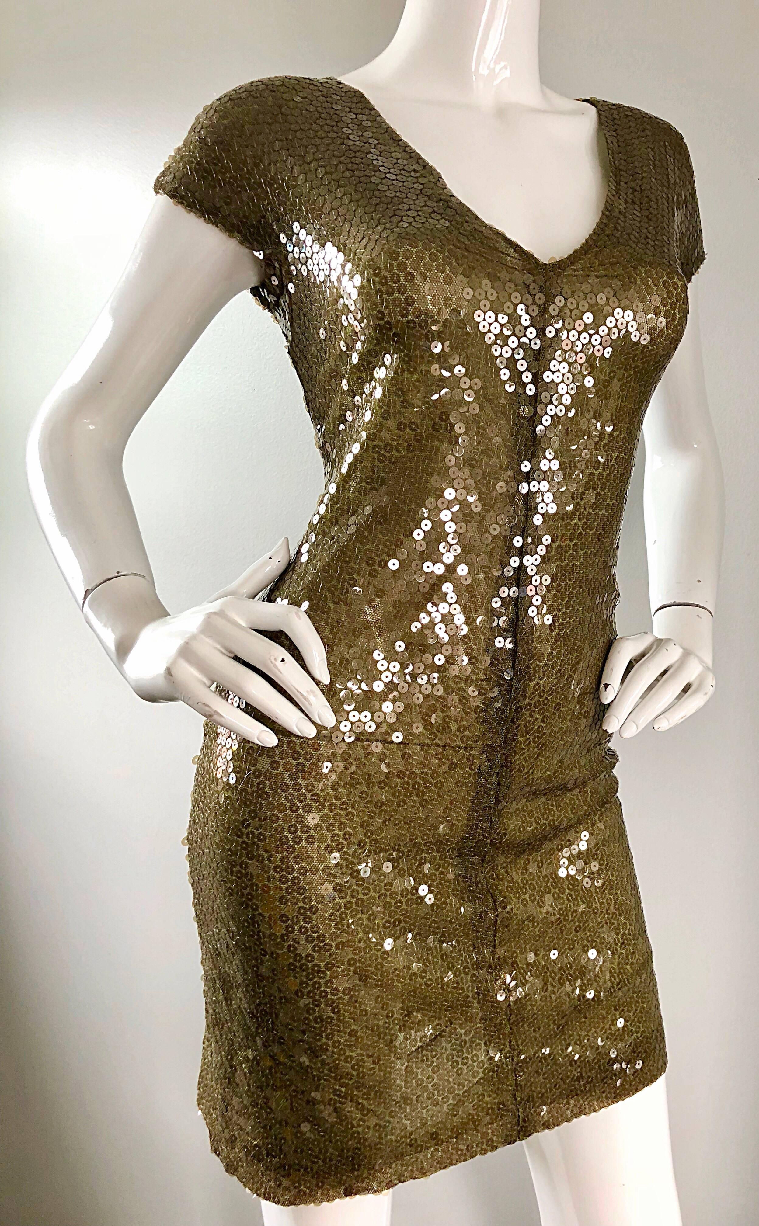 Sexy 1990s Vintage Krizia Hunter Forest Green 90s Sequin Semi Sheer Mini Dress In Excellent Condition For Sale In San Diego, CA