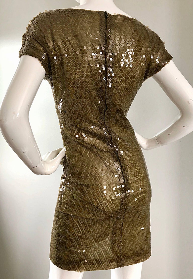 Sexy 1990s Vintage Krizia Hunter Forest Green 90s Sequin Semi Sheer Mini Dress