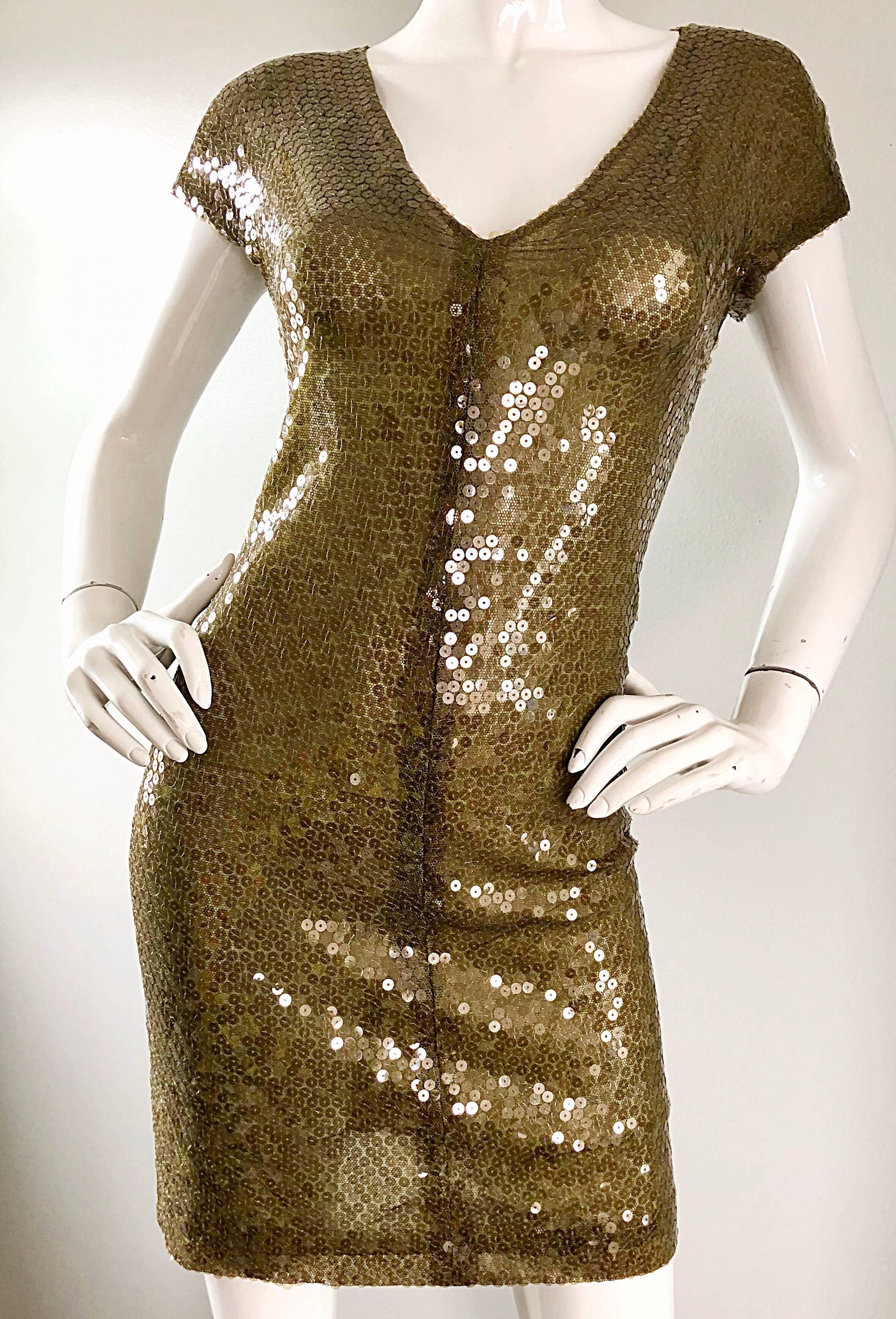 Sexy 1990s Vintage Krizia Hunter Forest Green 90s Sequin Semi Sheer Mini Dress For Sale 2