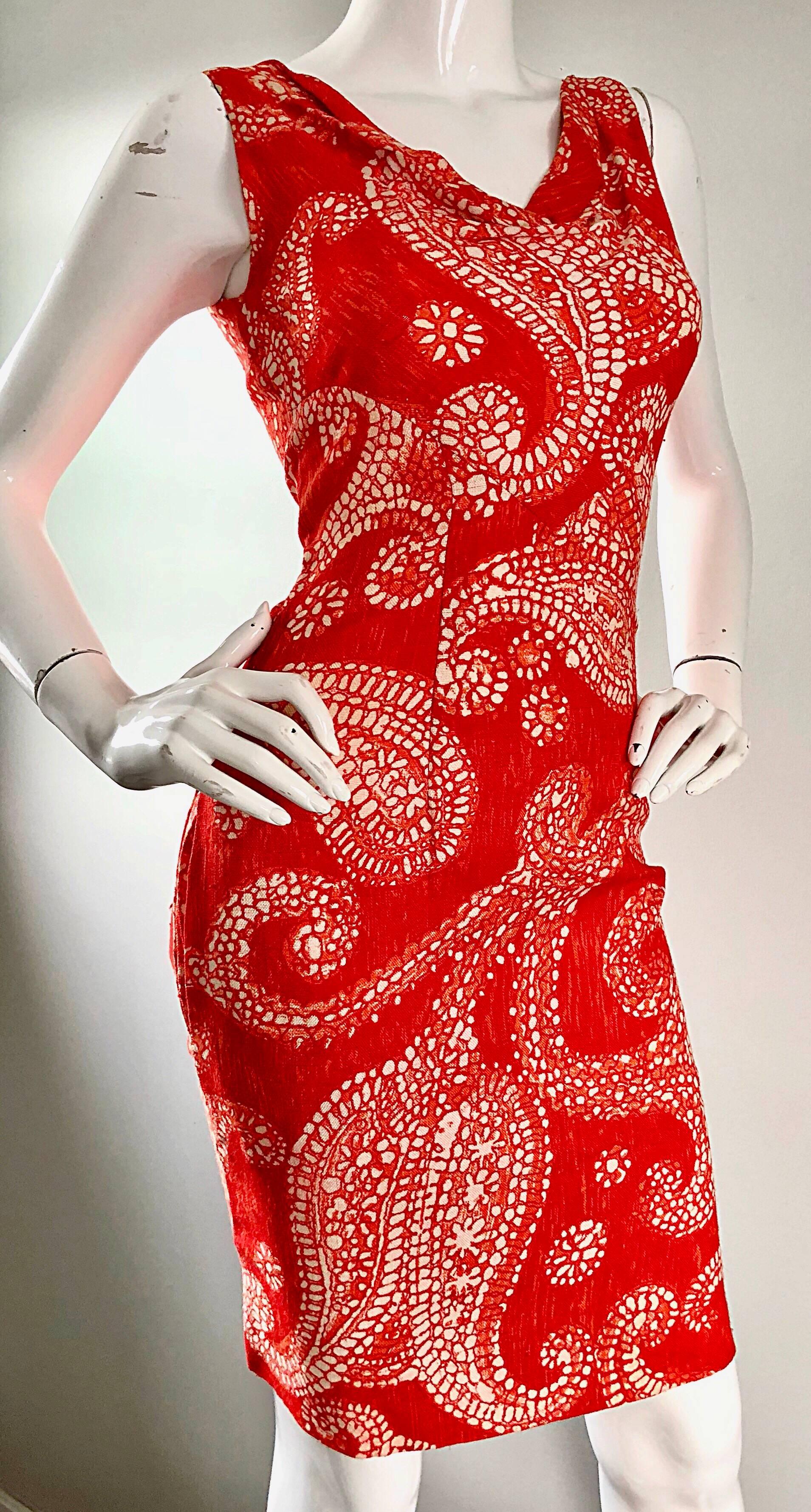 1950s Bonwit Teller Burnt Orange and Ivory Paisley Print Linen Vintage Dress In Excellent Condition In San Diego, CA