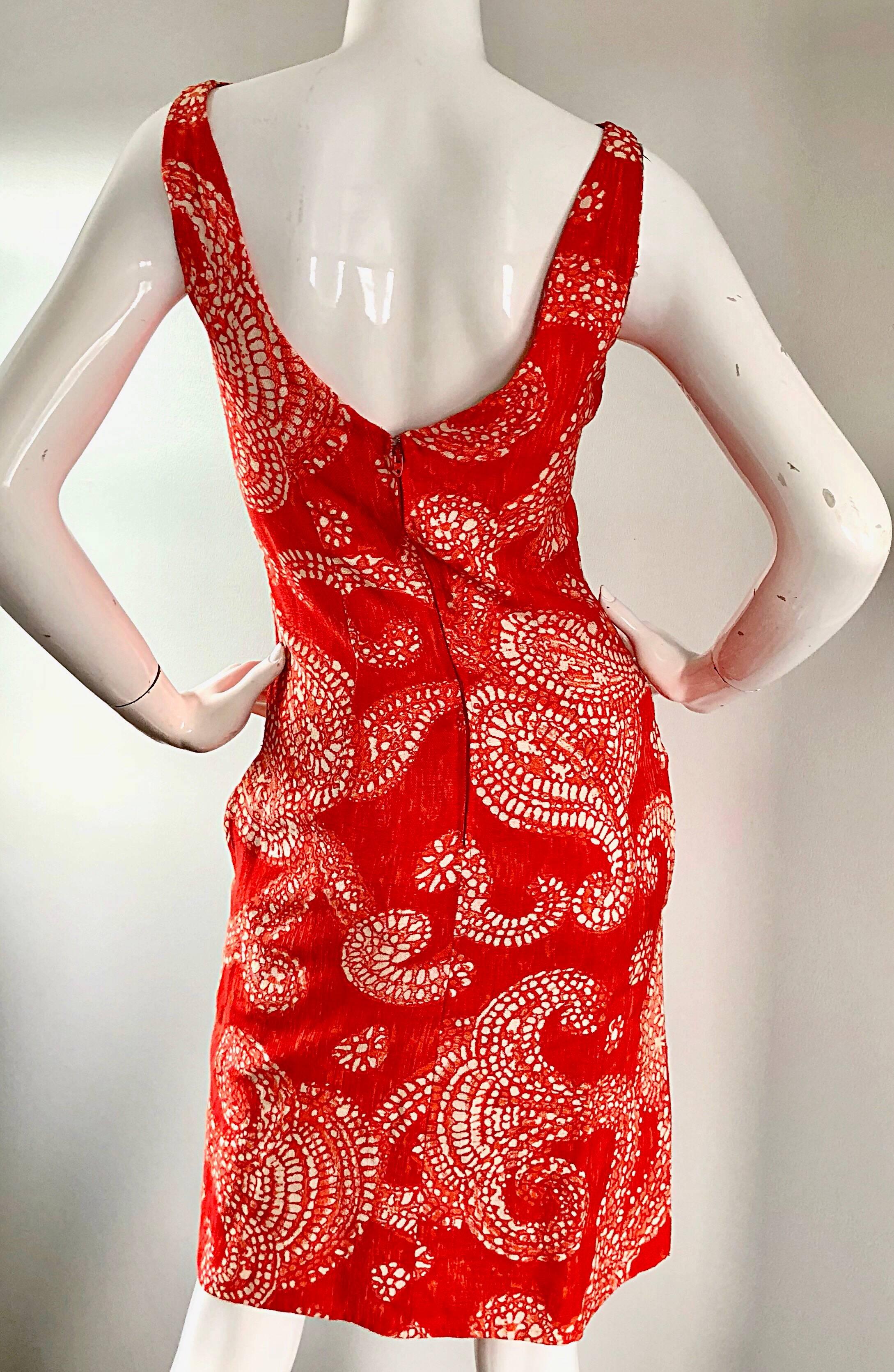 Women's 1950s Bonwit Teller Burnt Orange and Ivory Paisley Print Linen Vintage Dress