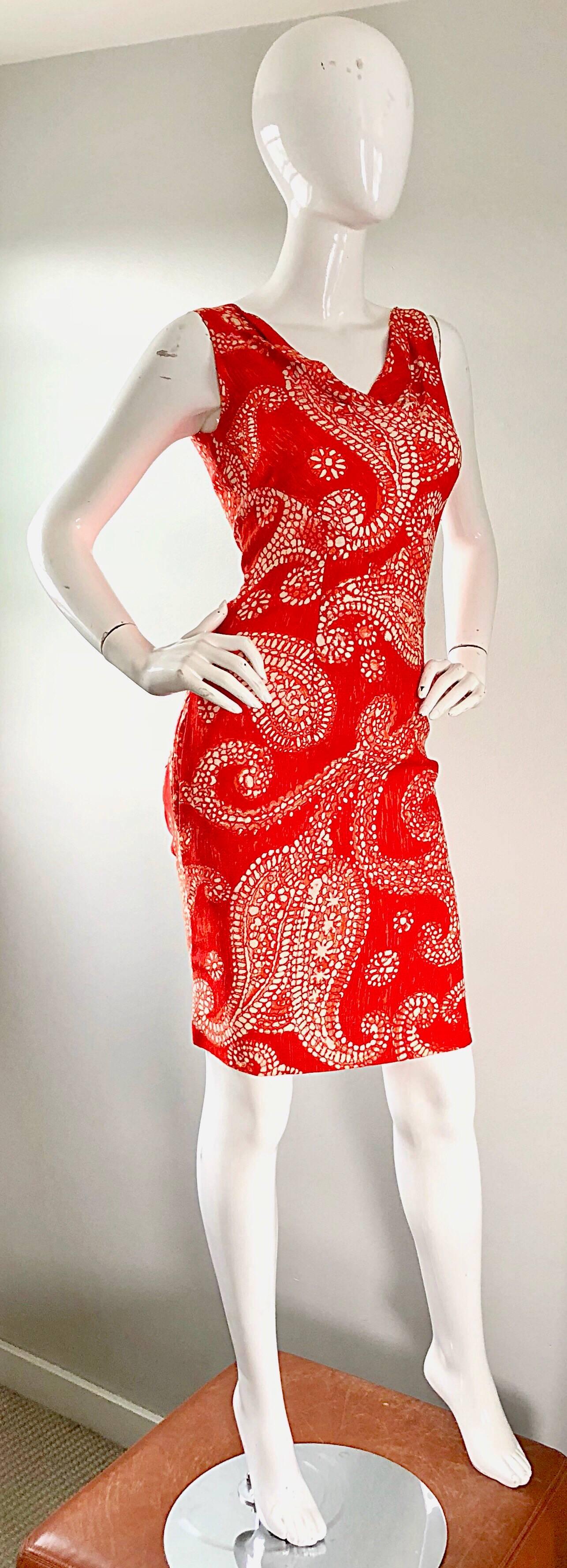 1950s Bonwit Teller Burnt Orange and Ivory Paisley Print Linen Vintage Dress 2