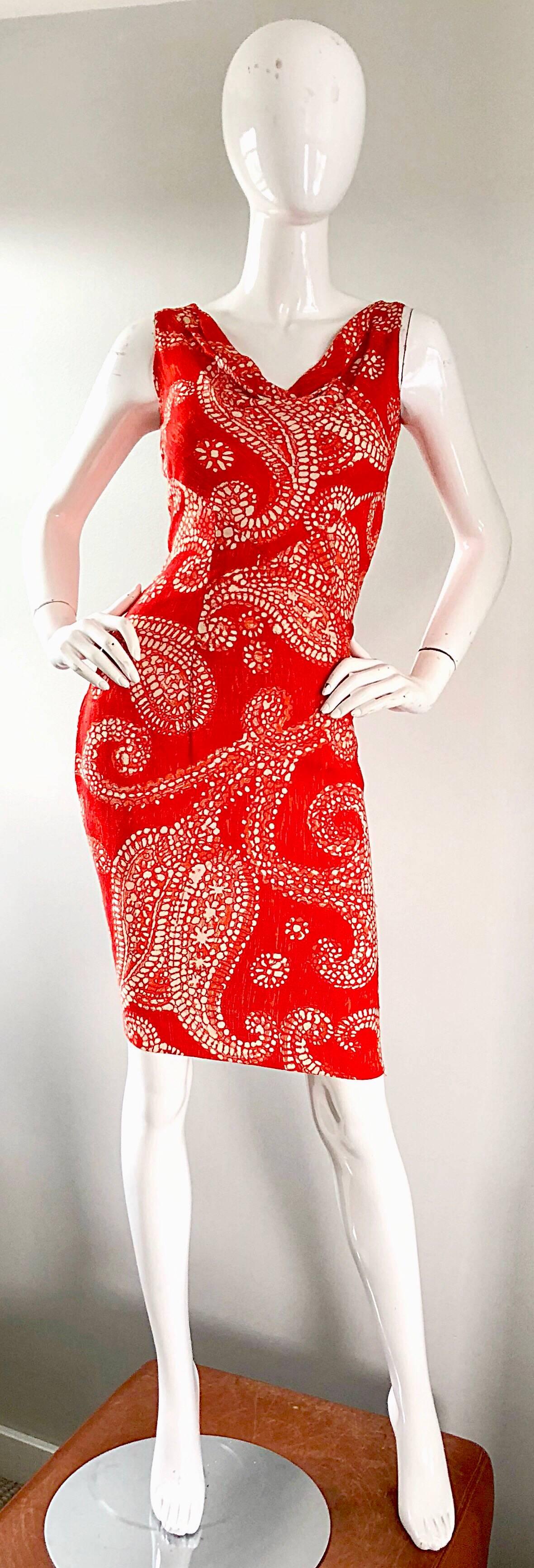 1950s Bonwit Teller Burnt Orange and Ivory Paisley Print Linen Vintage Dress 4