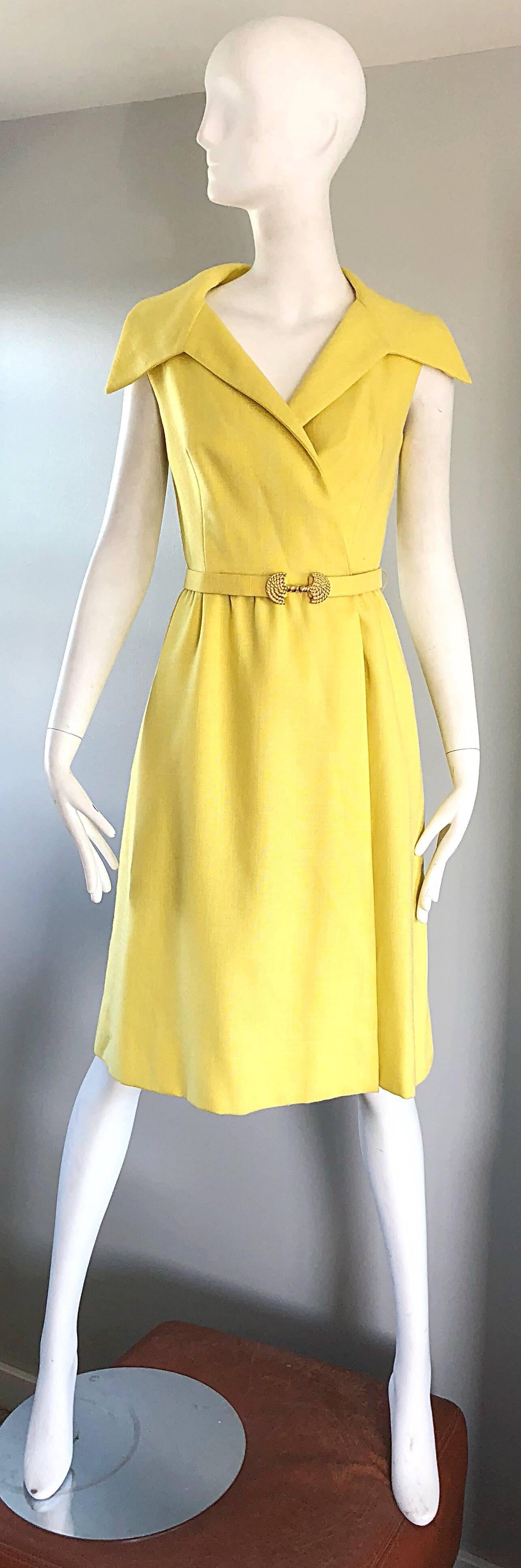 Chic late 1950s MOLLIE PARNIS for BONWIT TELLER Irish linen canary yellow belted shirt dress! Features soft Irish linen. Avant Garde oversized collar. Detachable belt features a hammered gold buckle. Interior hidden hook-and-eye closures, with