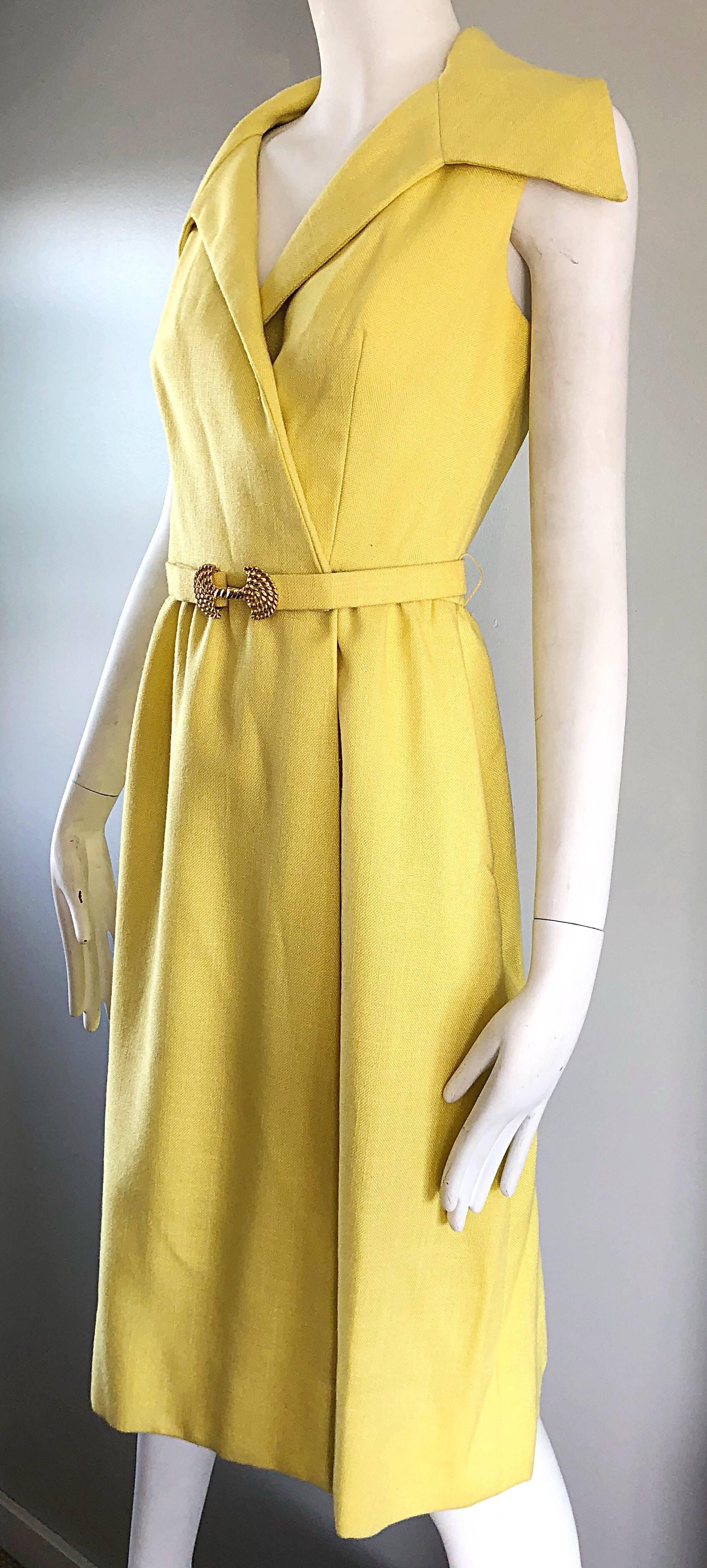 Mollie Parnis Canary Yellow Linen Vintage Belted Shirt Dress, 1950s  In Excellent Condition In San Diego, CA