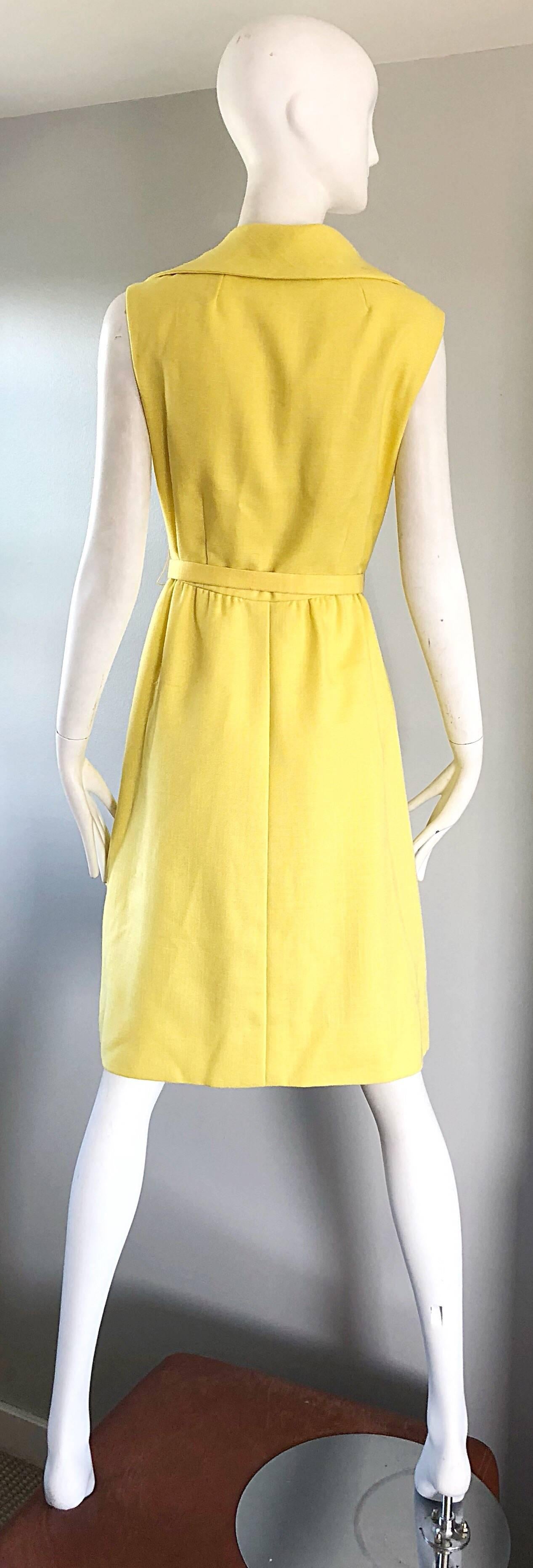 Women's Mollie Parnis Canary Yellow Linen Vintage Belted Shirt Dress, 1950s 