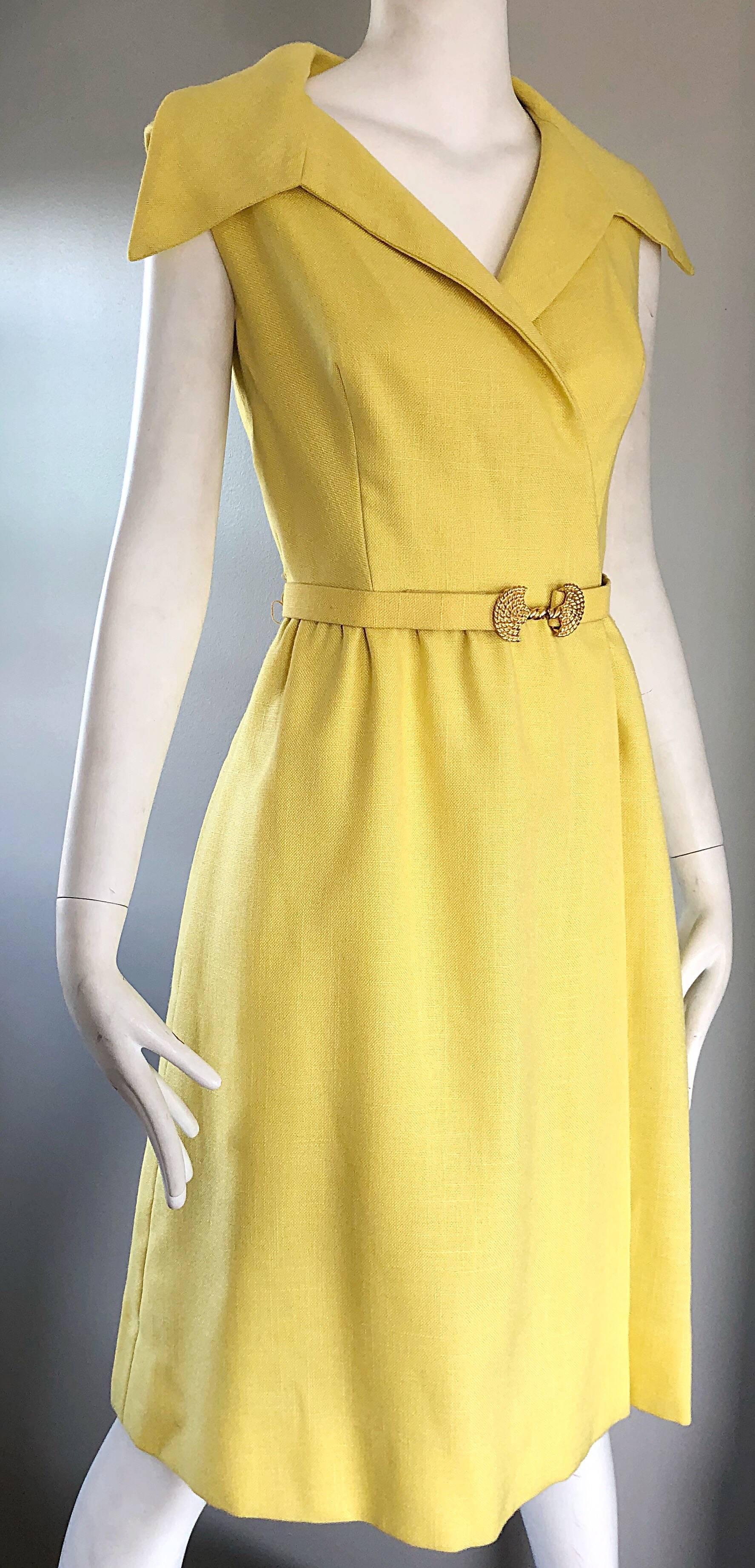 Mollie Parnis Canary Yellow Linen Vintage Belted Shirt Dress, 1950s  1
