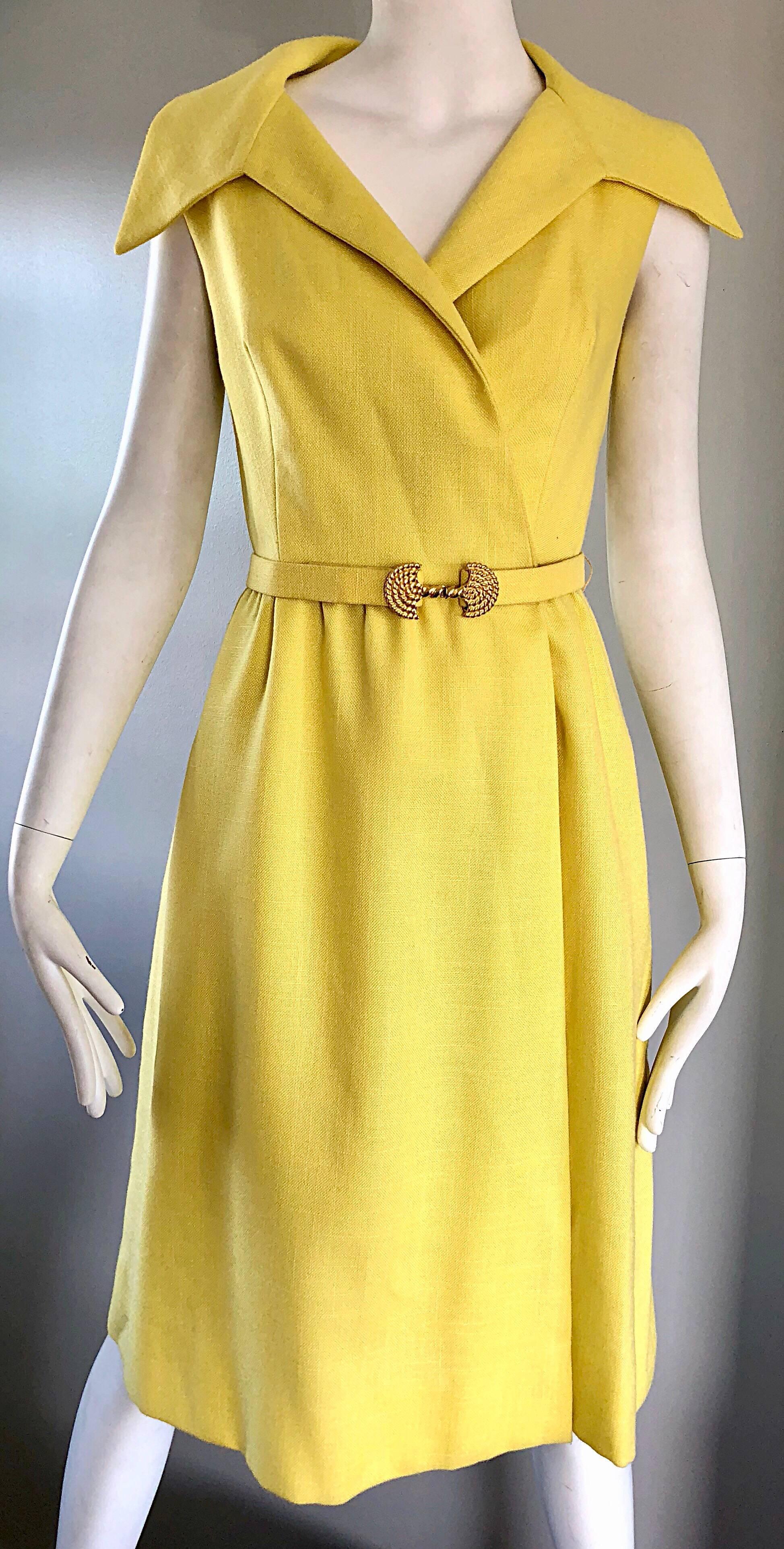 Mollie Parnis Canary Yellow Linen Vintage Belted Shirt Dress, 1950s  2