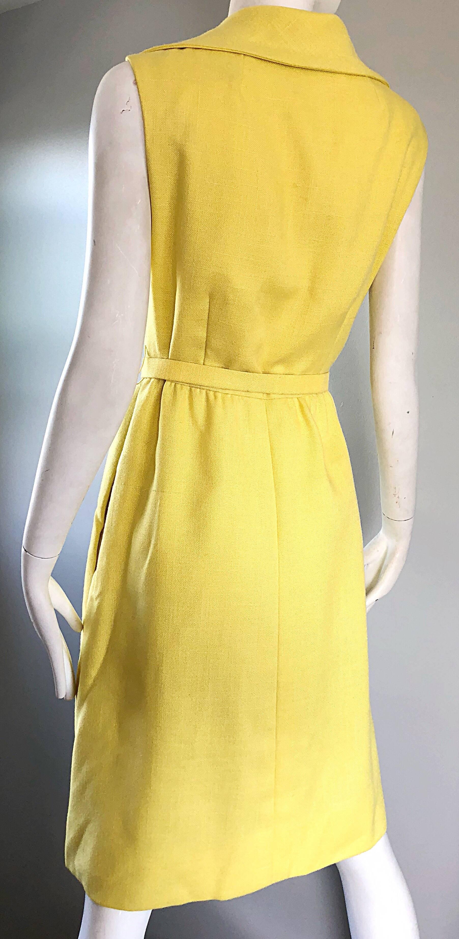 Mollie Parnis Canary Yellow Linen Vintage Belted Shirt Dress, 1950s  3