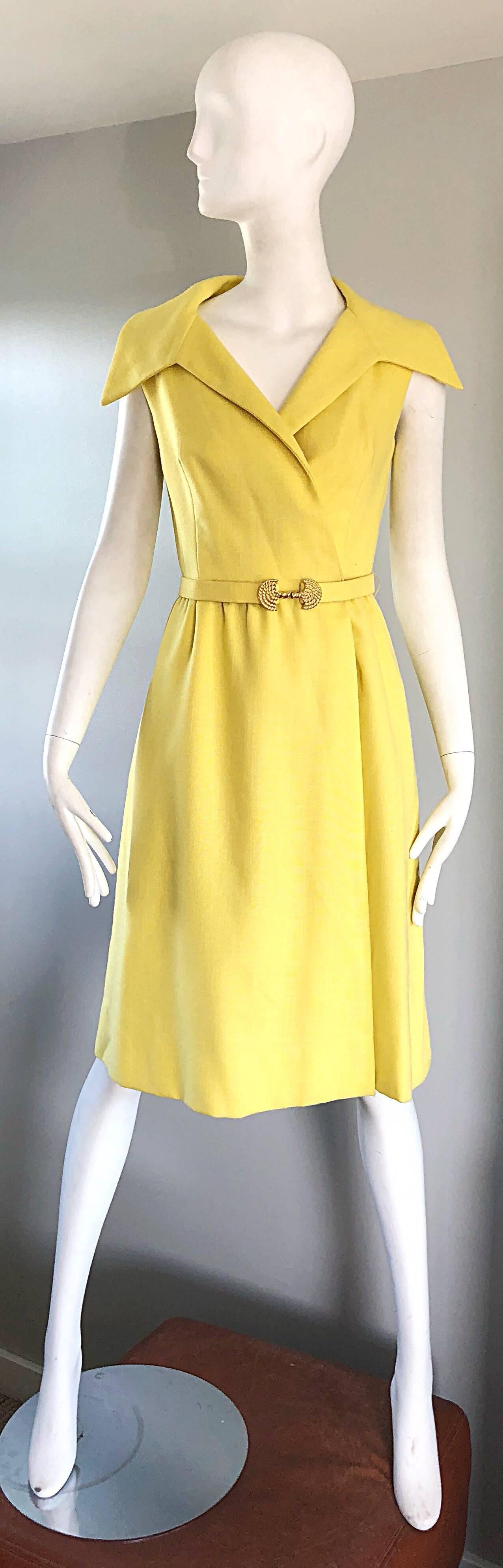 Mollie Parnis Canary Yellow Linen Vintage Belted Shirt Dress, 1950s  4