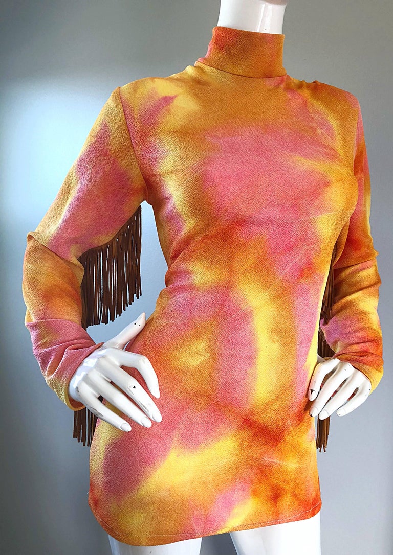 Pink And Orange Tie Dyed Suede Leather Vintage Fringe Tunic 1970s