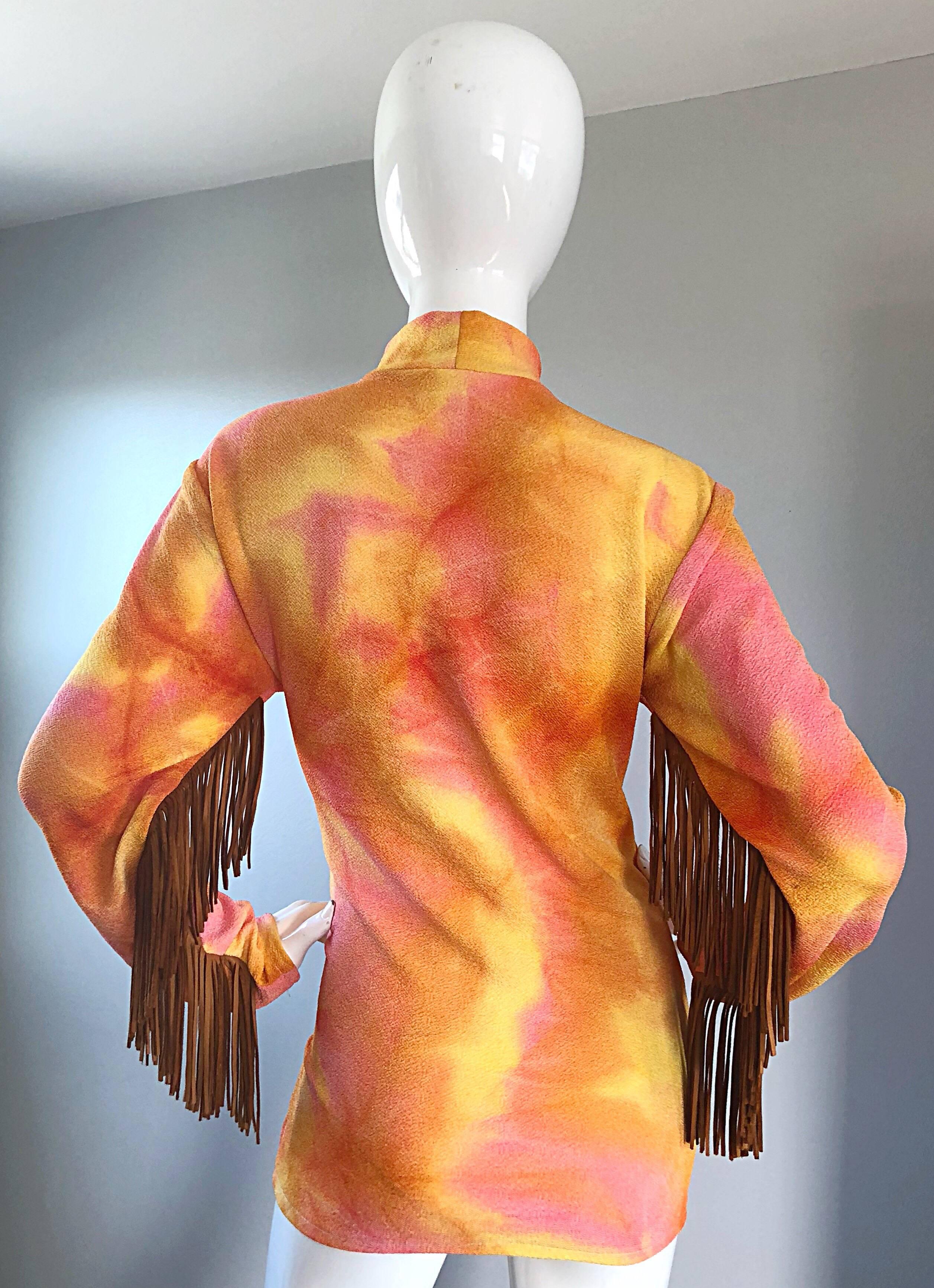 Pink and Orange Tie Dyed Suede Leather Vintage Fringe Tunic, 1970s In Excellent Condition For Sale In San Diego, CA