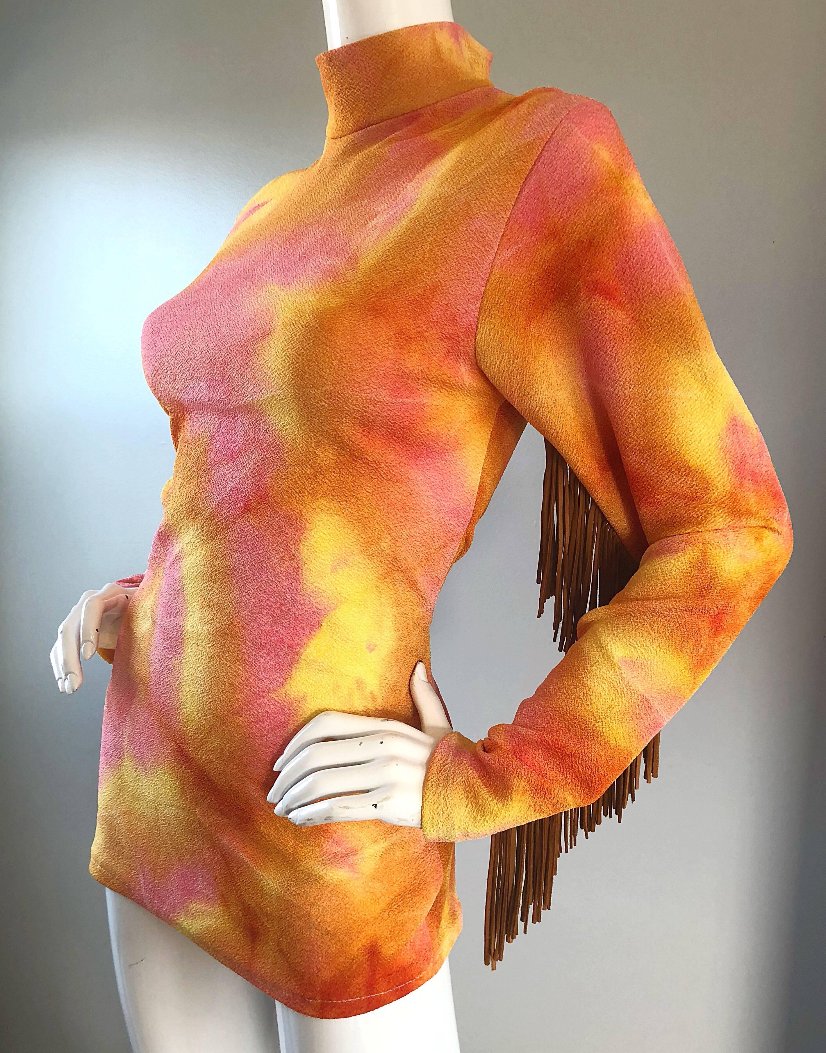 Women's Pink and Orange Tie Dyed Suede Leather Vintage Fringe Tunic, 1970s For Sale