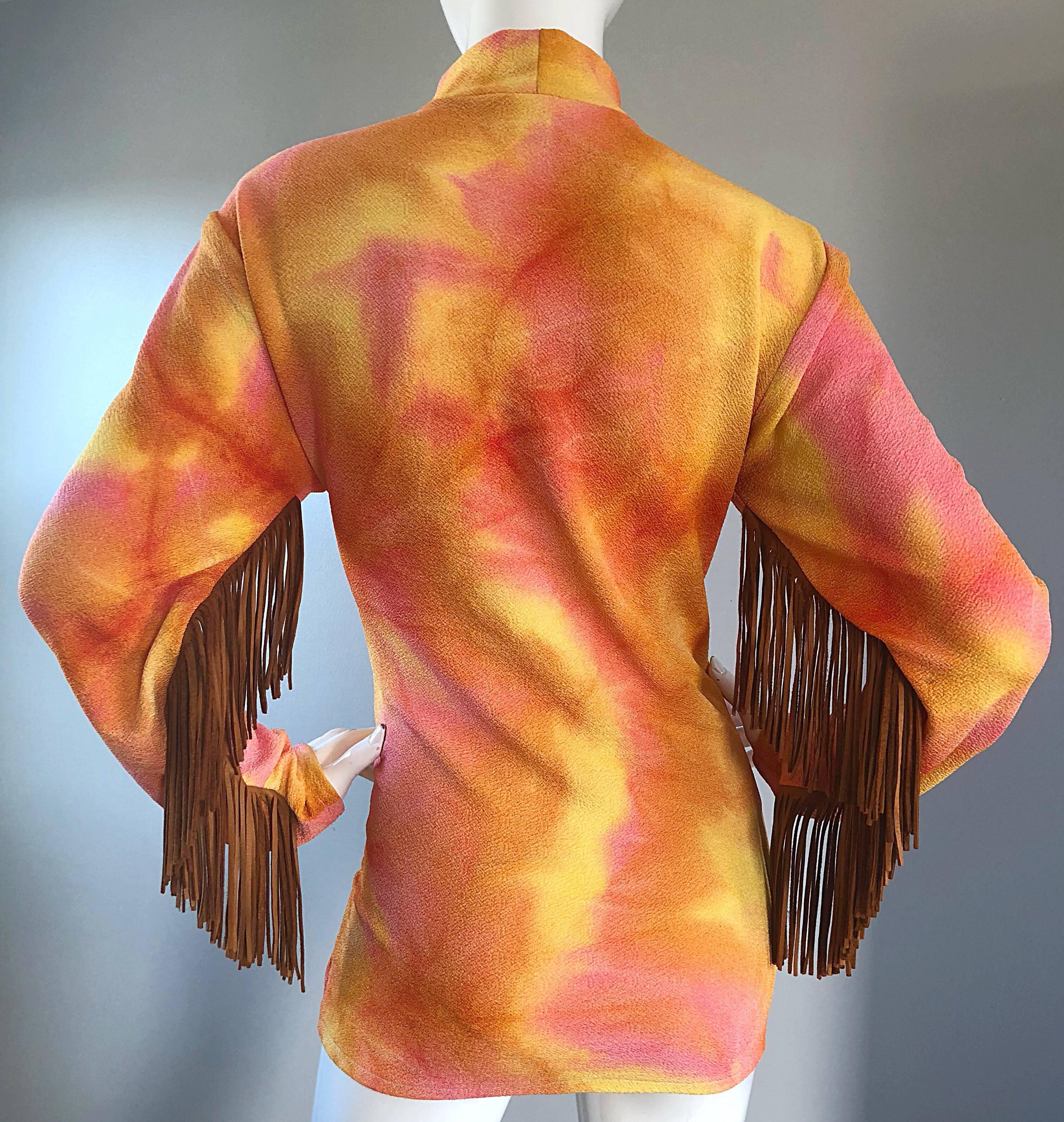 Pink and Orange Tie Dyed Suede Leather Vintage Fringe Tunic, 1970s  For Sale 2
