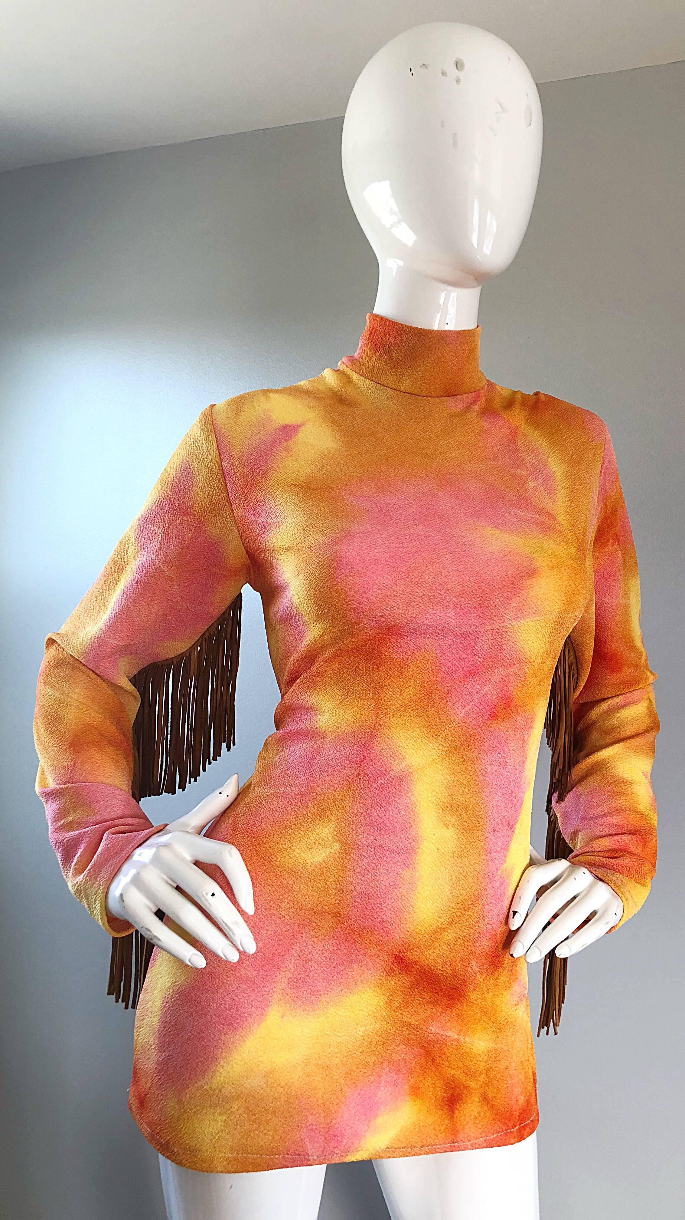 Pink and Orange Tie Dyed Suede Leather Vintage Fringe Tunic, 1970s  For Sale 1