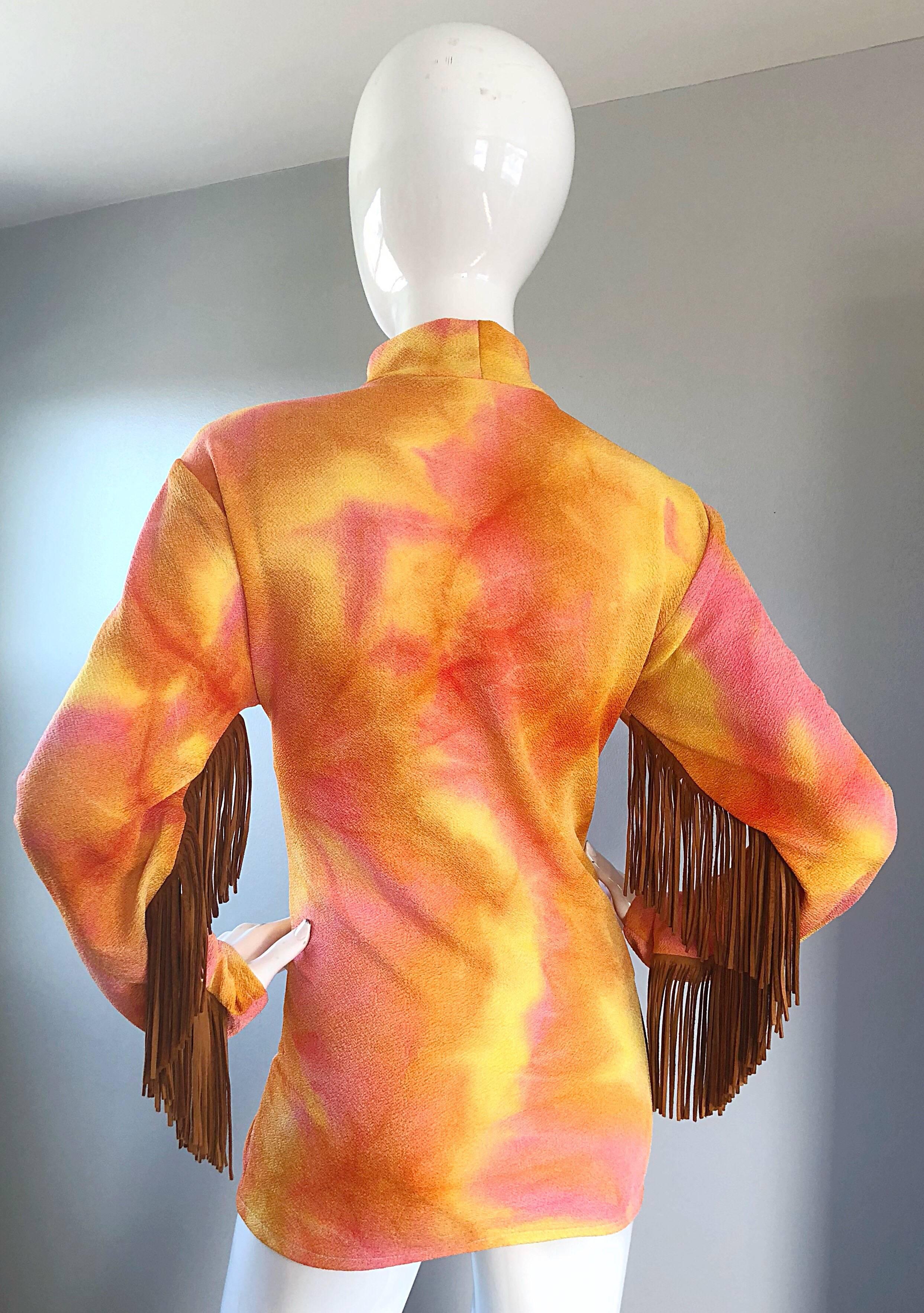 Pink and Orange Tie Dyed Suede Leather Vintage Fringe Tunic, 1970s  For Sale 3