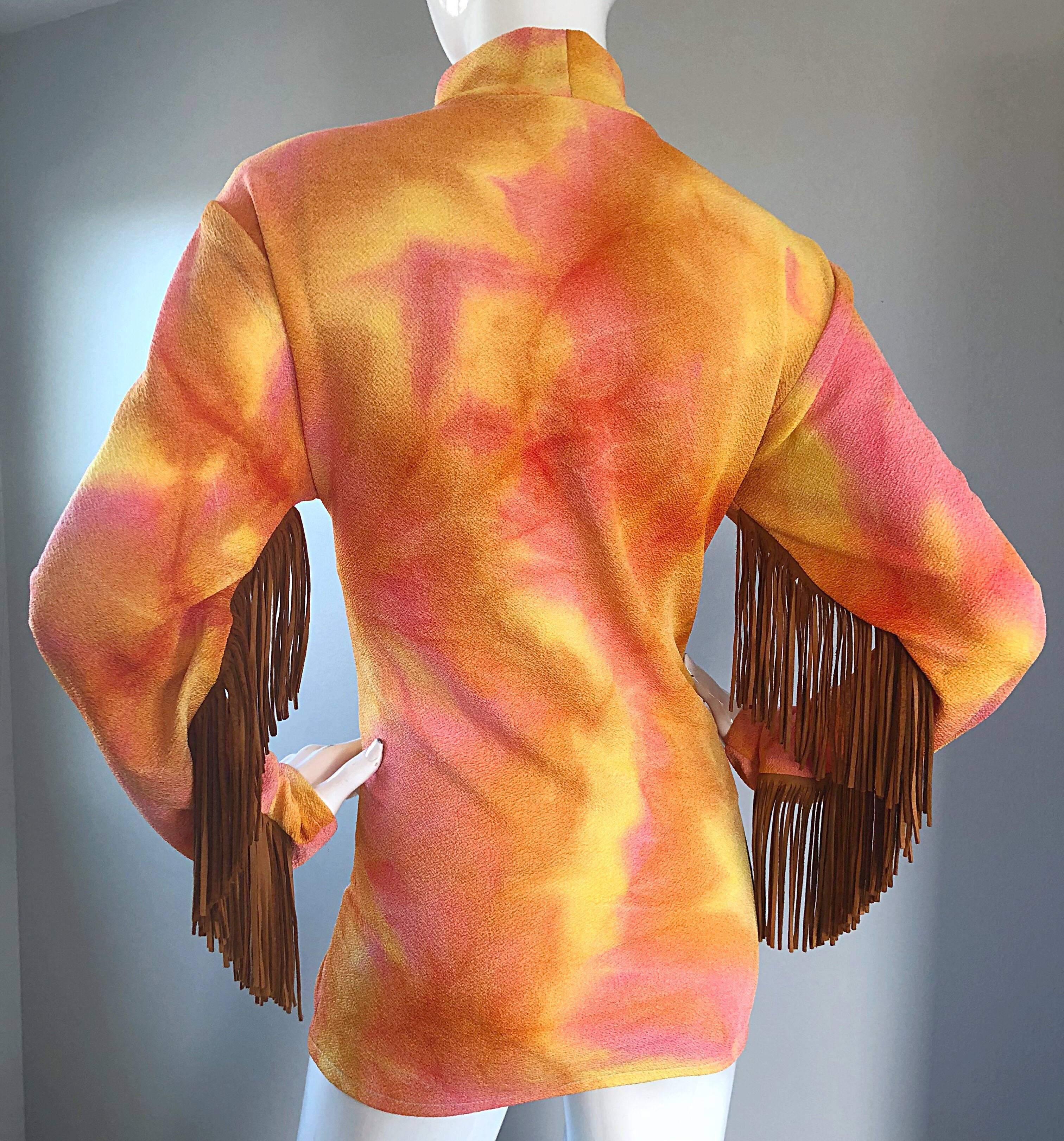 Pink and Orange Tie Dyed Suede Leather Vintage Fringe Tunic, 1970s  For Sale 5