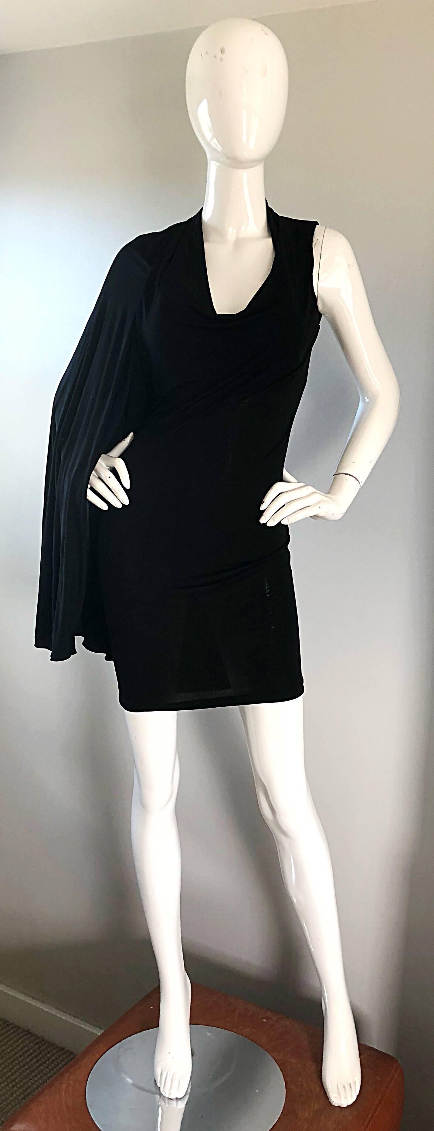 Sexy vintage, brand new with tags HALSTON, by RANDOLPH DUKE black jersey one single shoulder mini dress! There is so much detail that went into the construction of this beauty! Built in corset bra holds everything in place. Hidden zipper up the side