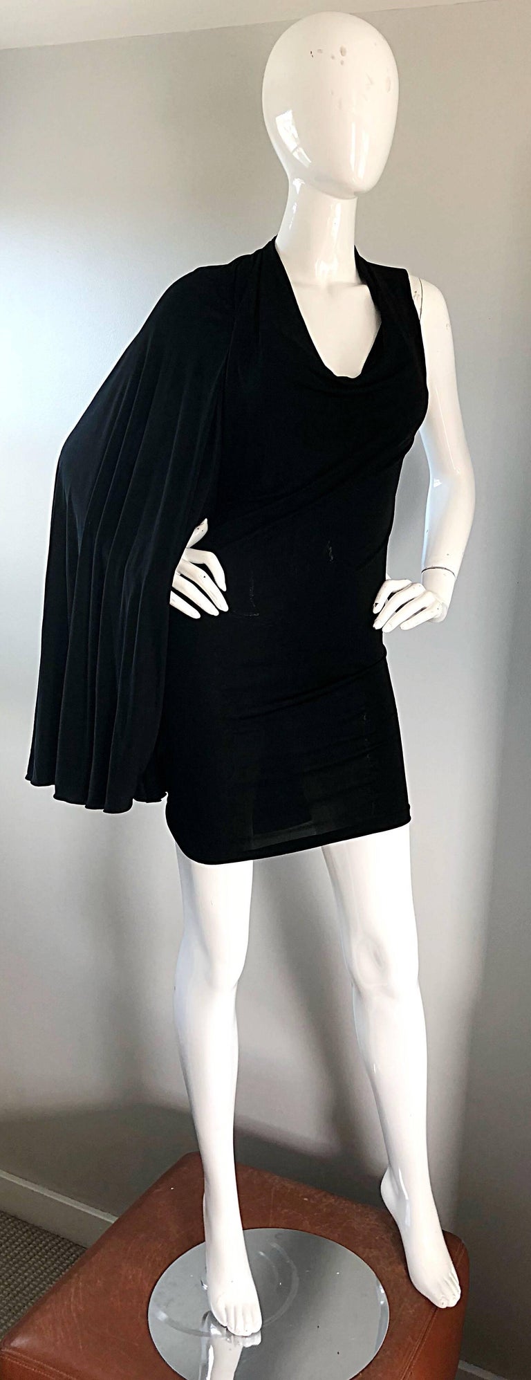 NWT Vintage Early 2000s Halston One Shoulder Black Jersey Grecian Mini