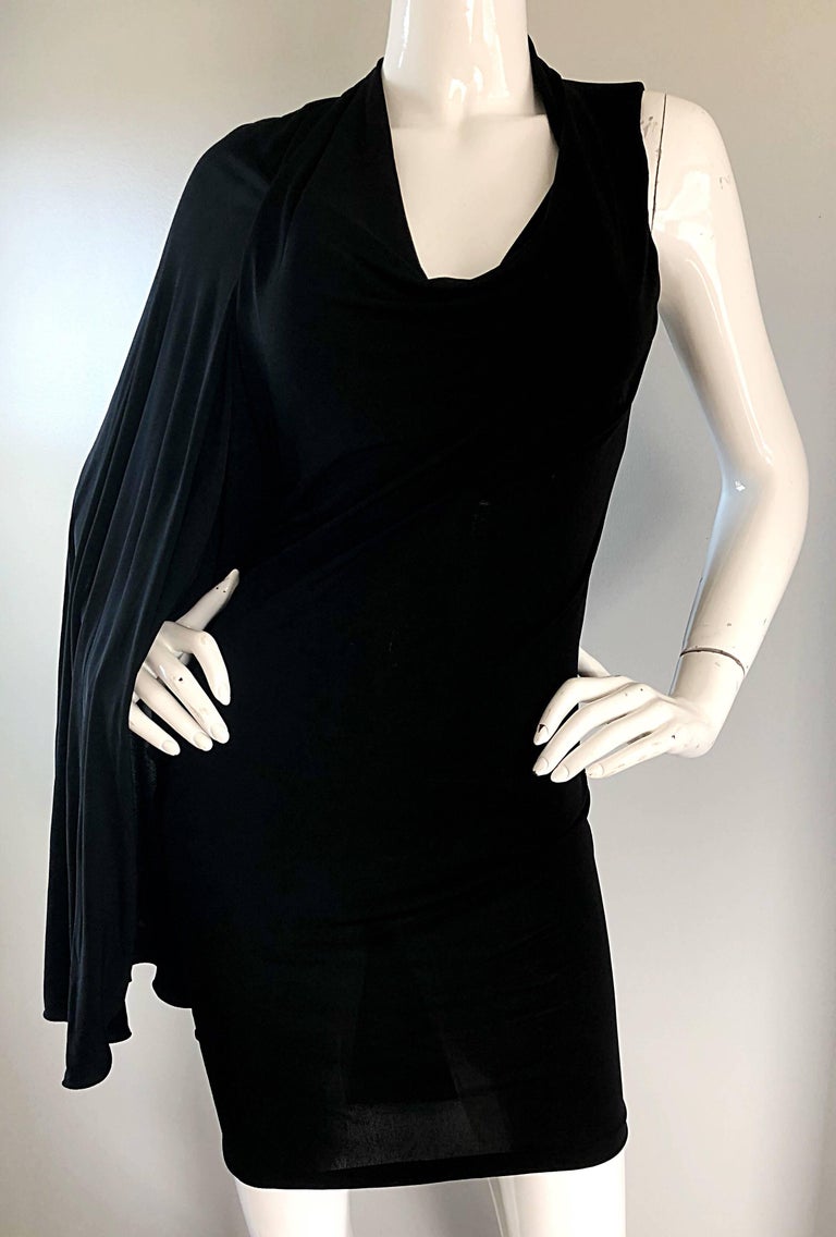 NWT Vintage Early 2000s Halston One Shoulder Black Jersey Grecian Mini