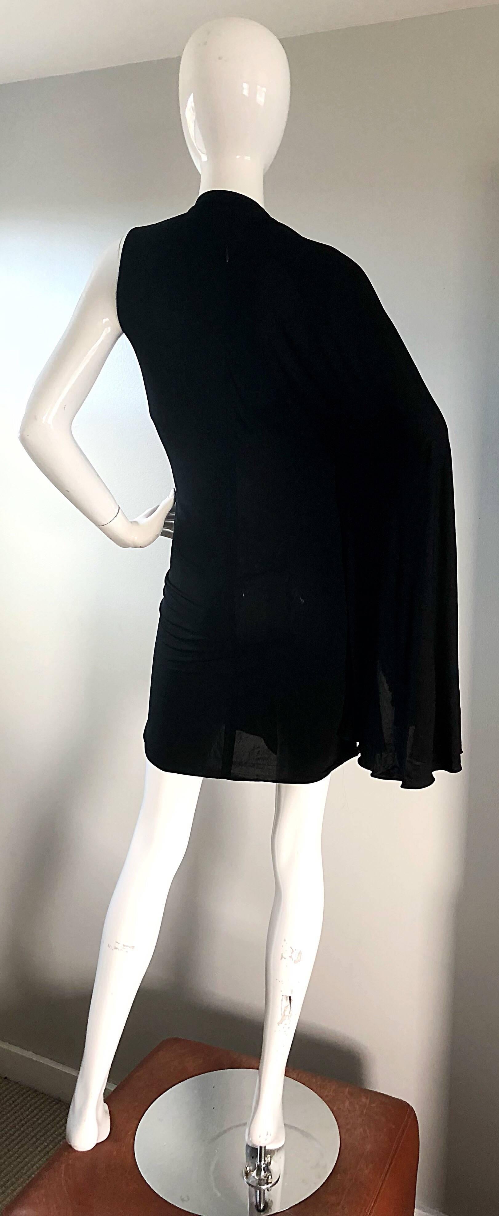 NWT Vintage Early 2000s Halston One Shoulder Black Jersey Grecian Mini Dress In New Condition In San Diego, CA