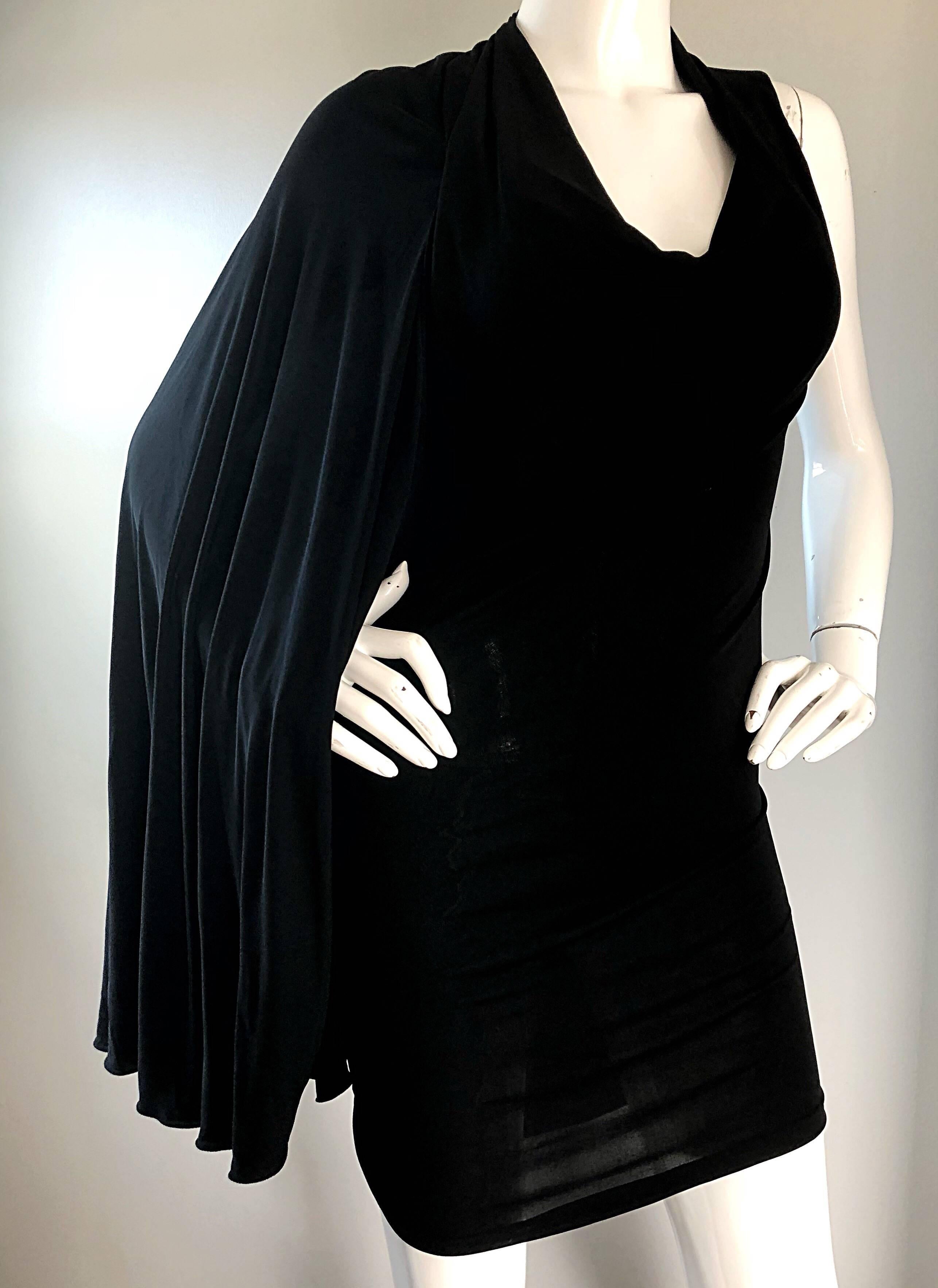 Women's NWT Vintage Early 2000s Halston One Shoulder Black Jersey Grecian Mini Dress