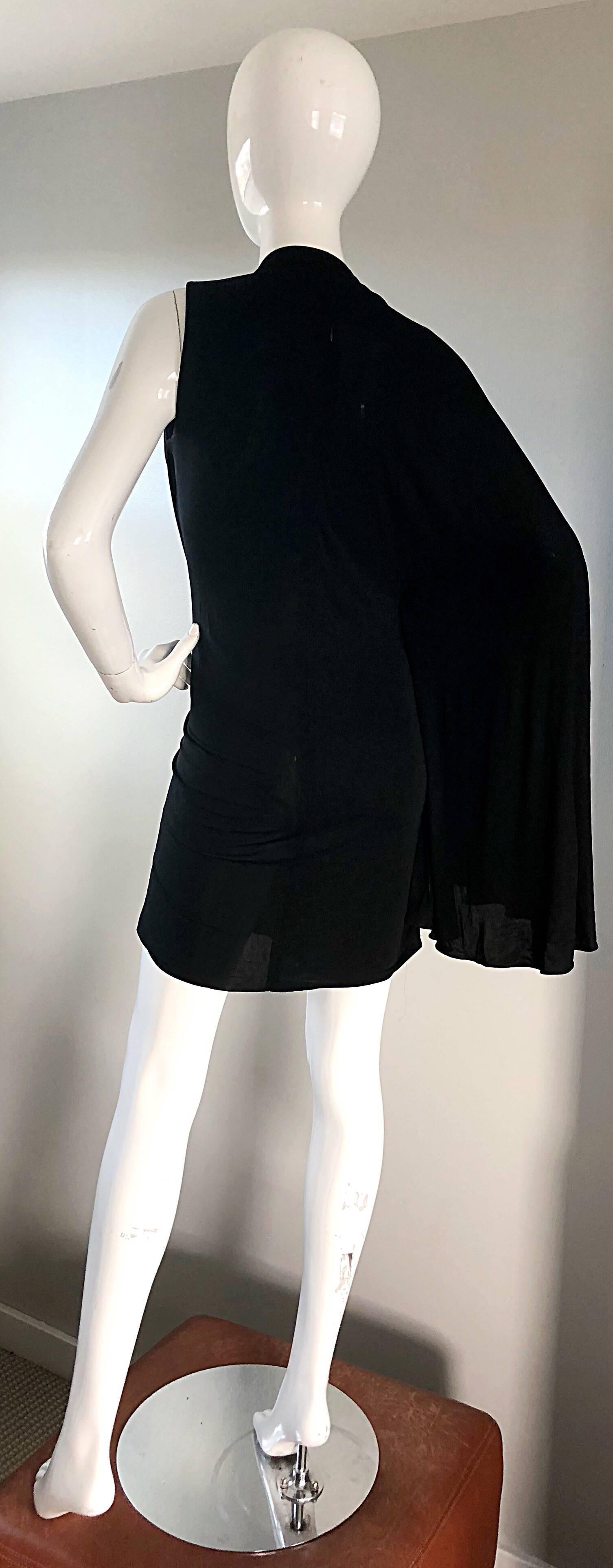 NWT Vintage Early 2000s Halston One Shoulder Black Jersey Grecian Mini Dress 1