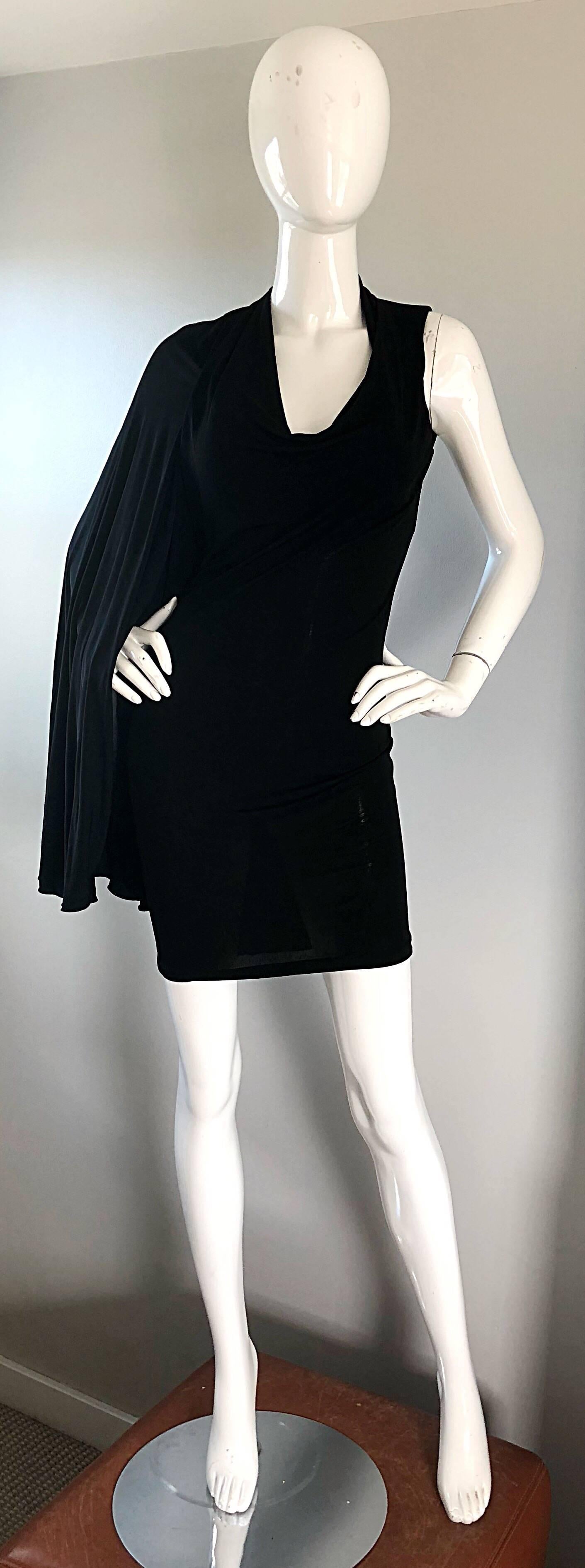 NWT Vintage Early 2000s Halston One Shoulder Black Jersey Grecian Mini Dress 2