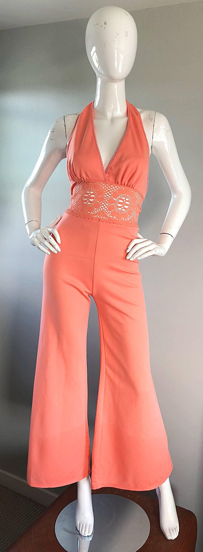 1970s Coral Pink Knit Crochet Cut Out One Piece Bell Bottom