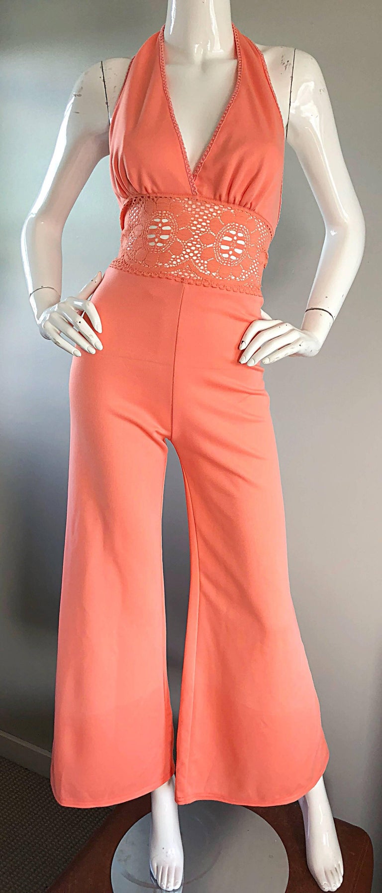 1970s Coral Pink Knit Crochet Cut Out One Piece Bell Bottom