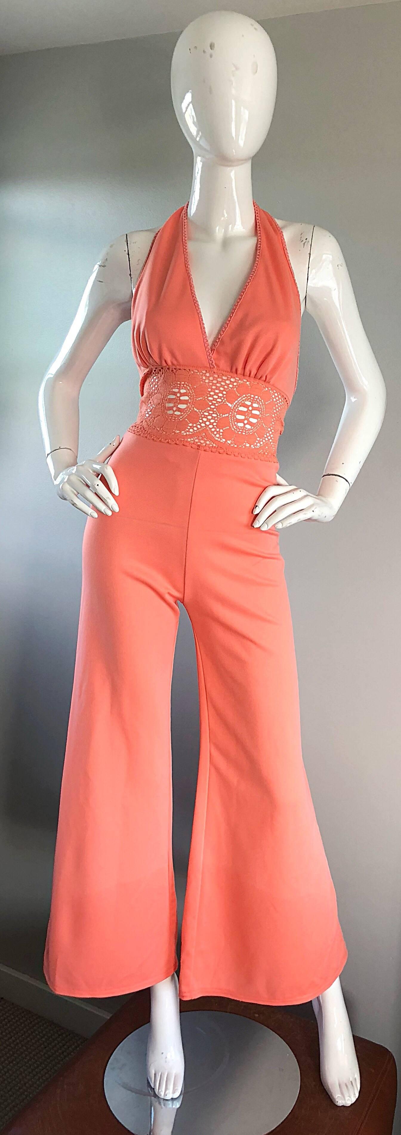 1970s Coral Pink Knit Crochet Cut Out One Piece Bell Bottom Vintage 70s Jumpsuit 3