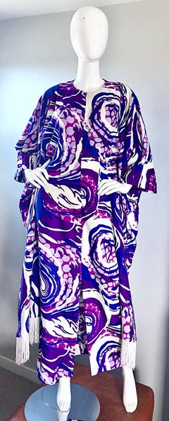 1970er Liberty House Kaftan-Maxikleid mit Fransen Op Art in Blau und Lila, Liberty House