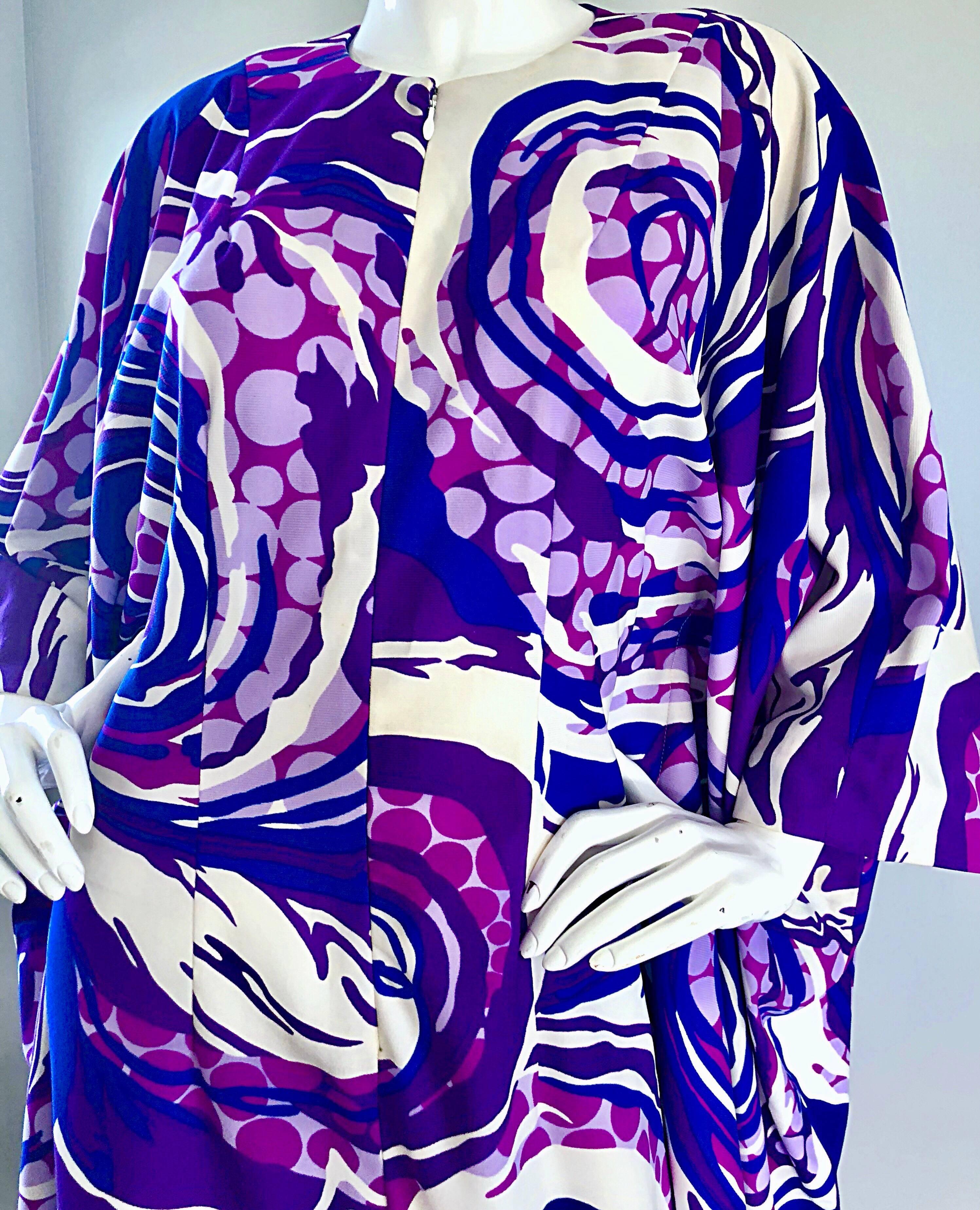 Violet Robe longue caftan à franges Op Art bleu et violet Liberty House des années 1970 en vente