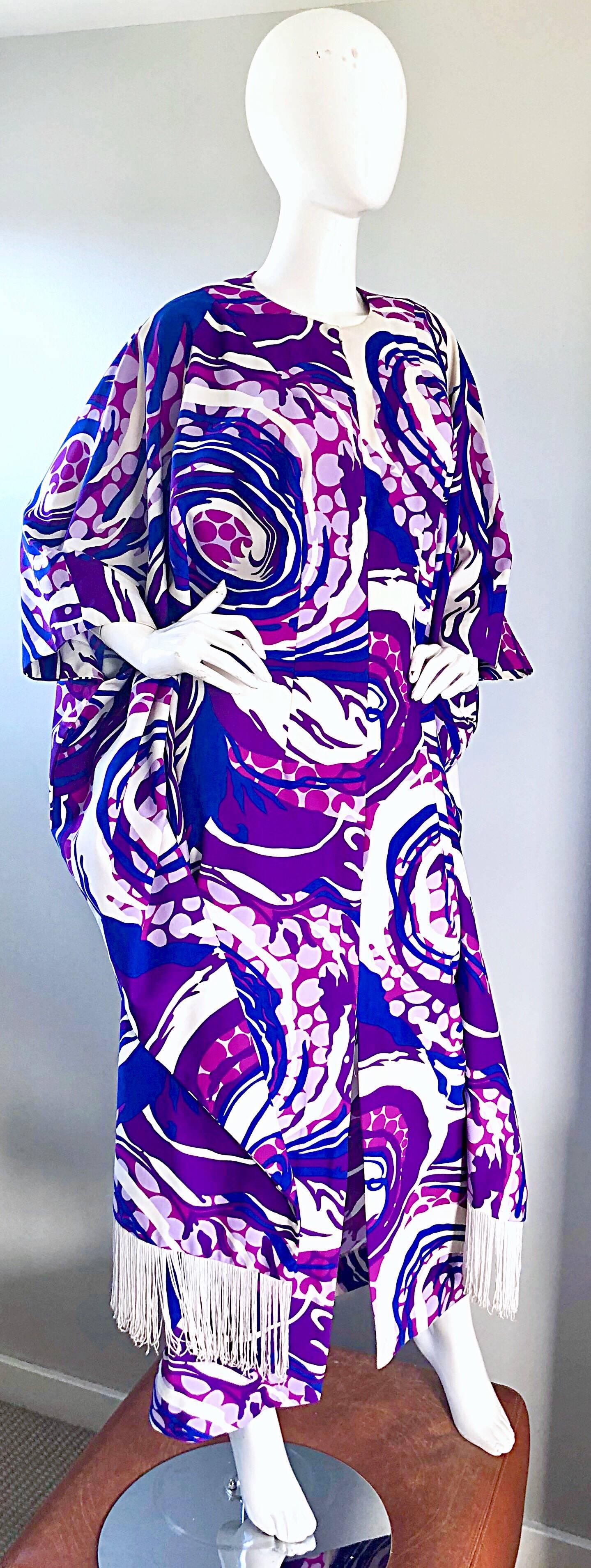 Robe longue caftan à franges Op Art bleu et violet Liberty House des années 1970 Pour femmes en vente