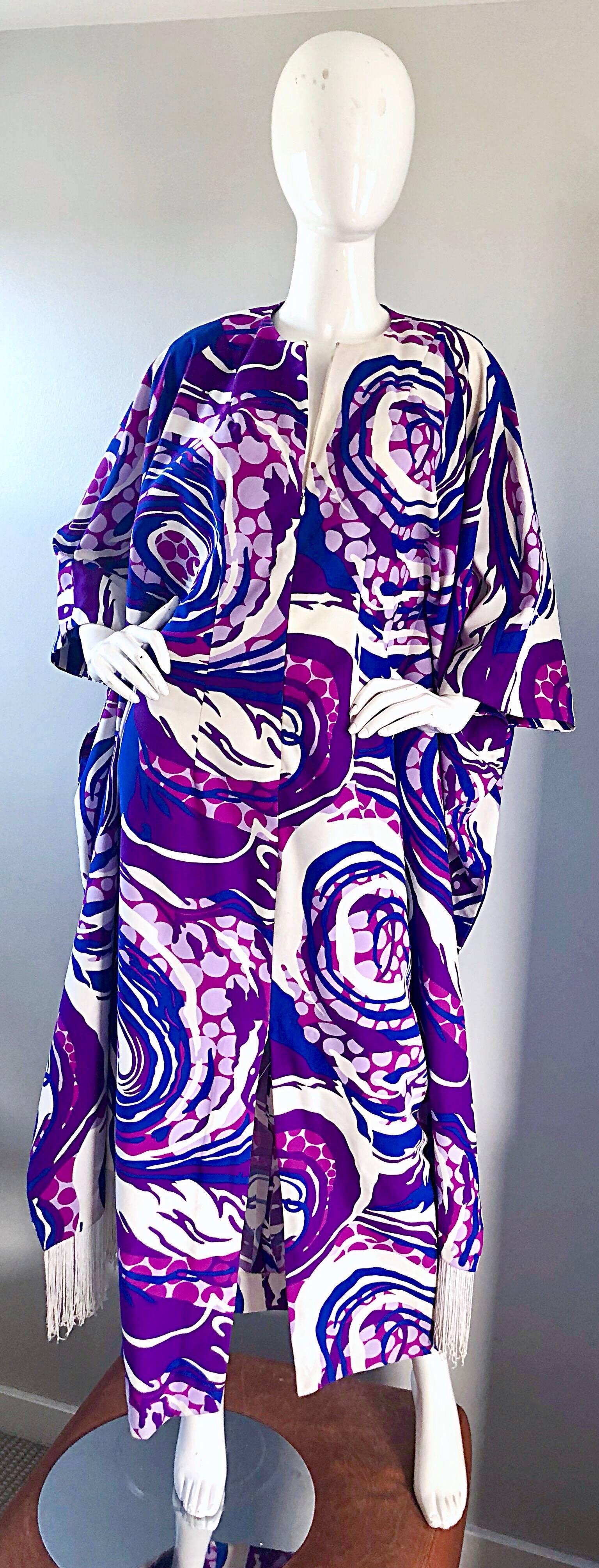 Robe longue caftan à franges Op Art bleu et violet Liberty House des années 1970 en vente 2