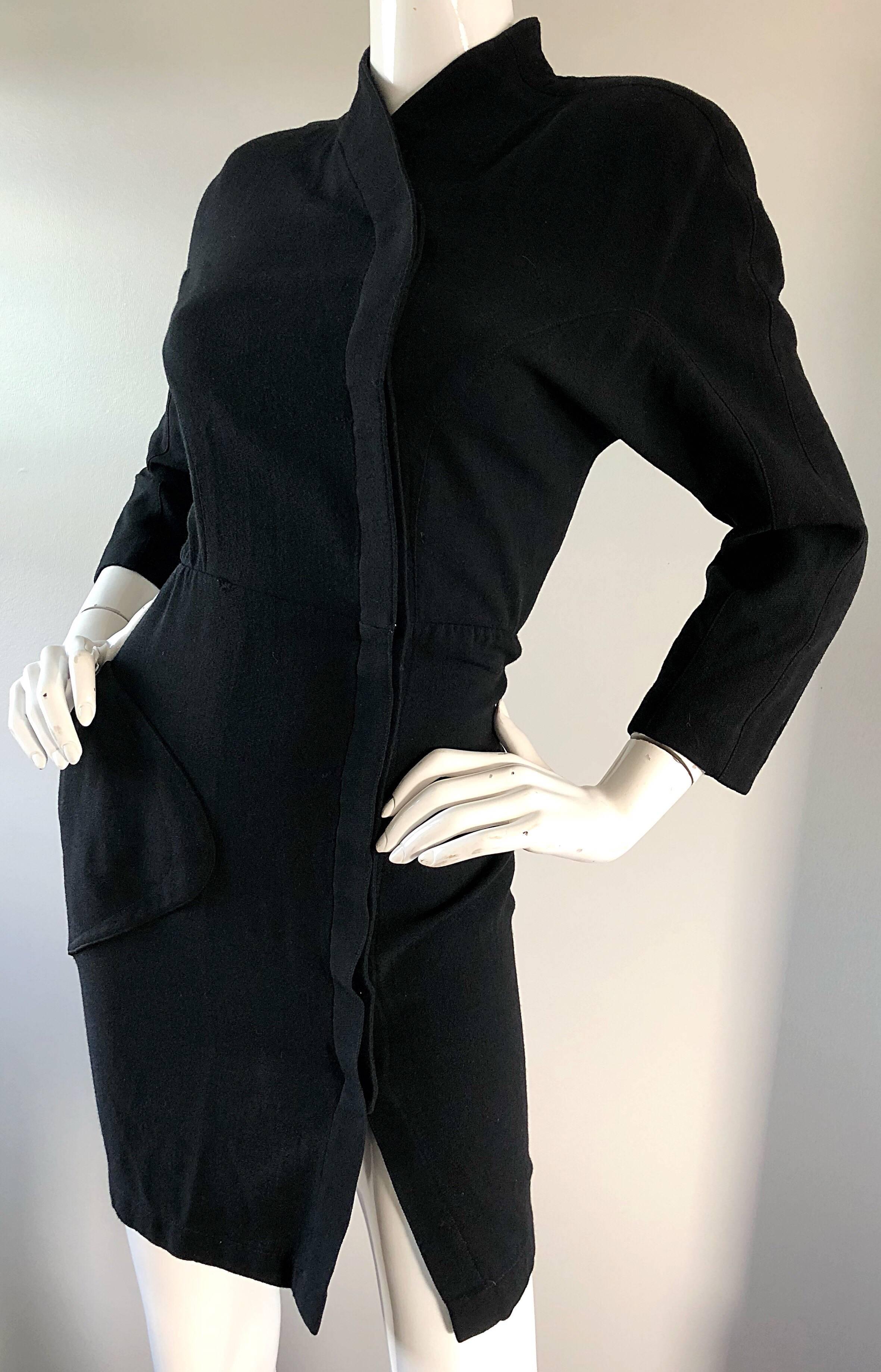 Thierry Mugler 1990s Black Wool Asian Kimono Inspired Vintage Mini Dress  In Excellent Condition In San Diego, CA