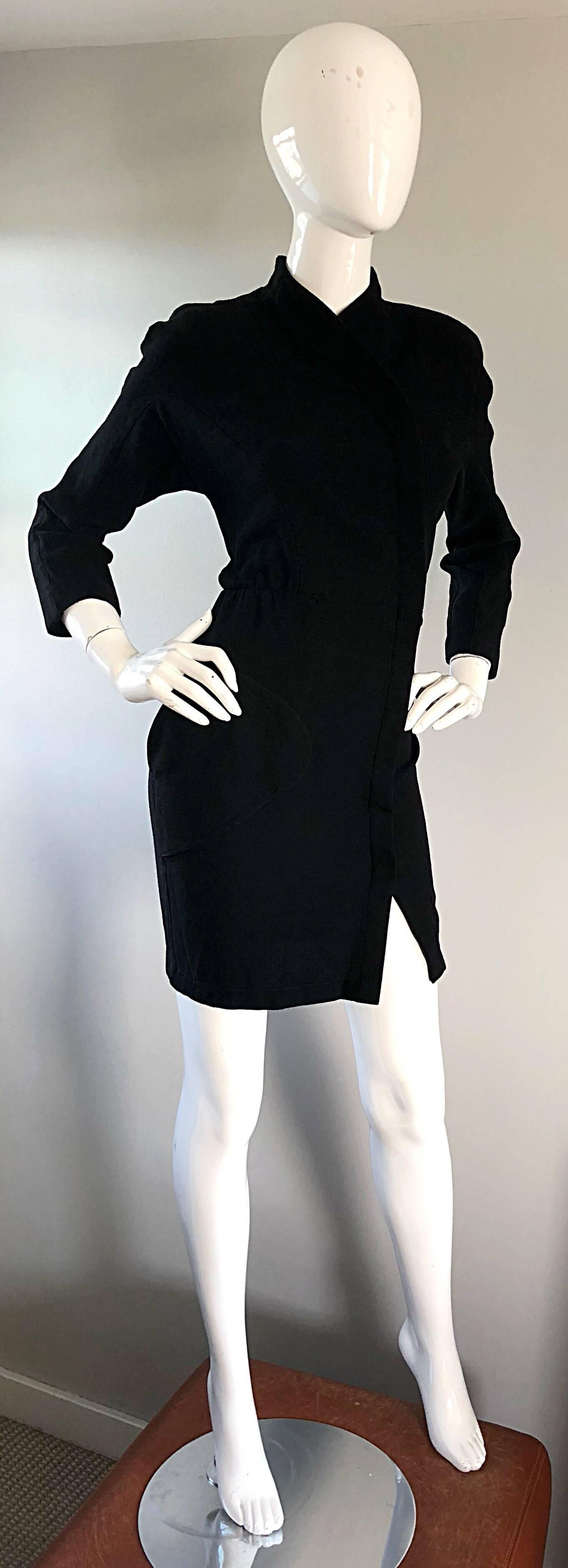 Women's Thierry Mugler 1990s Black Wool Asian Kimono Inspired Vintage Mini Dress 