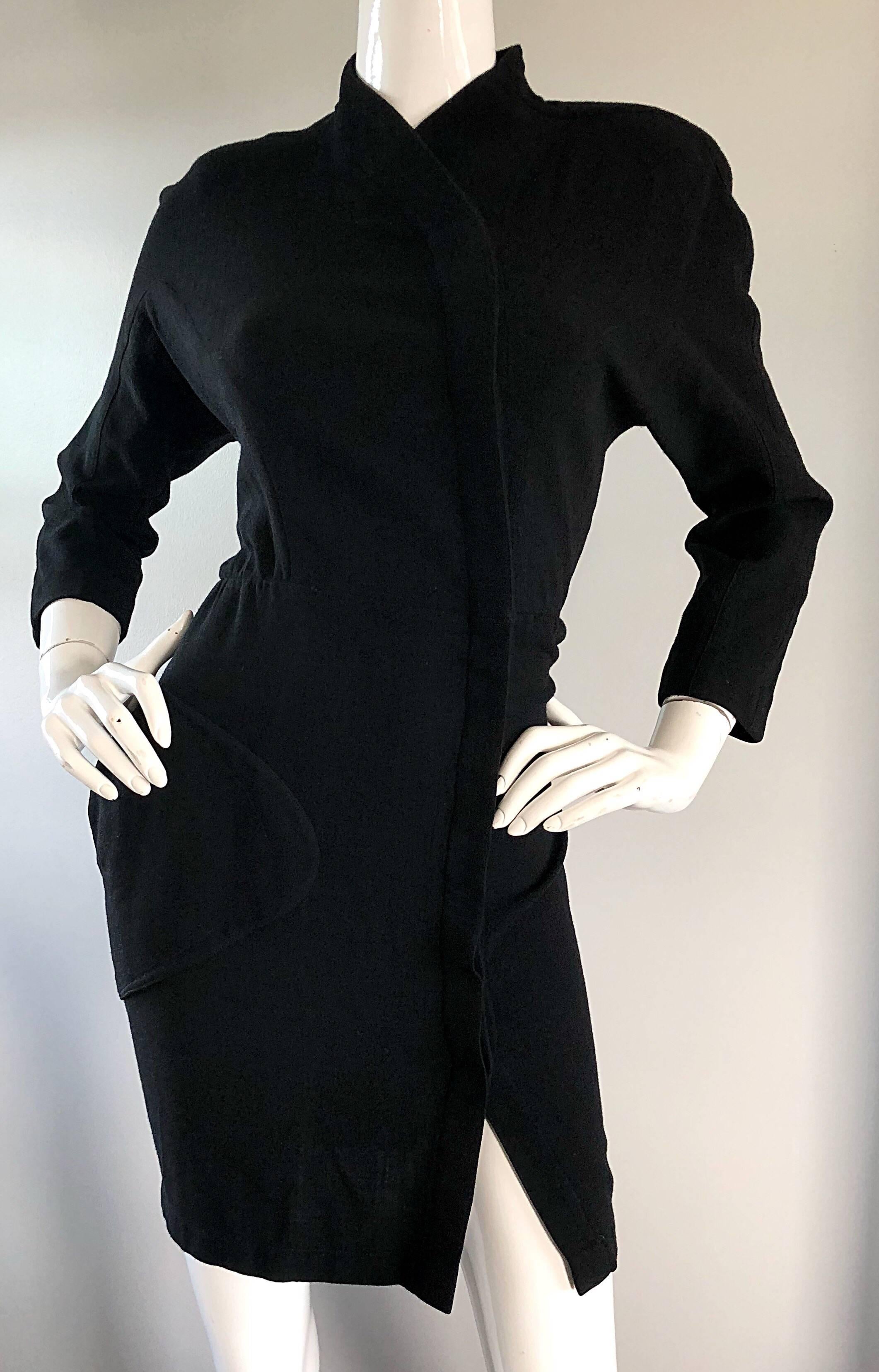 Thierry Mugler 1990s Black Wool Asian Kimono Inspired Vintage Mini Dress  2