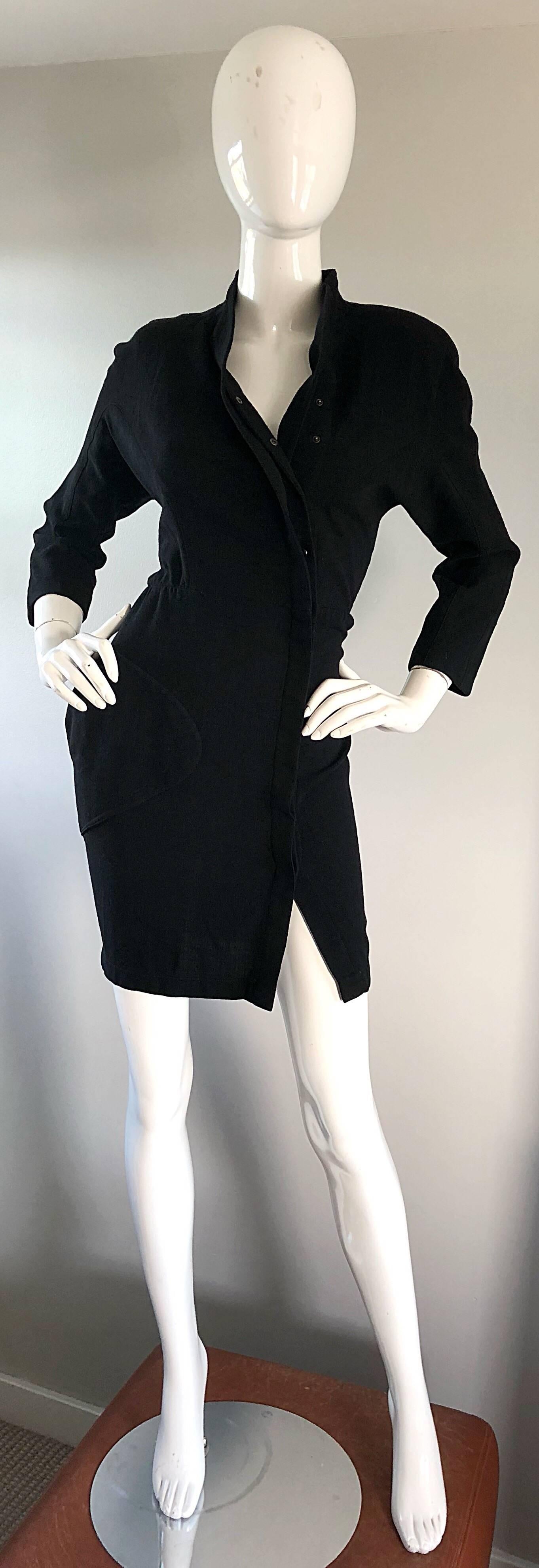 Thierry Mugler 1990s Black Wool Asian Kimono Inspired Vintage Mini Dress  3